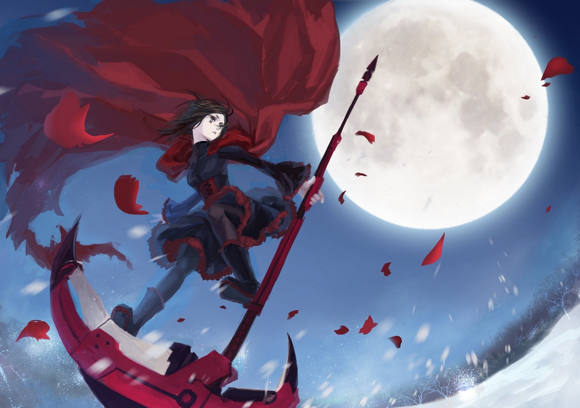 arte mizukai anime rosso bianco nero giallo rubino ragazza petali mantello treccia arma neve luna alberi