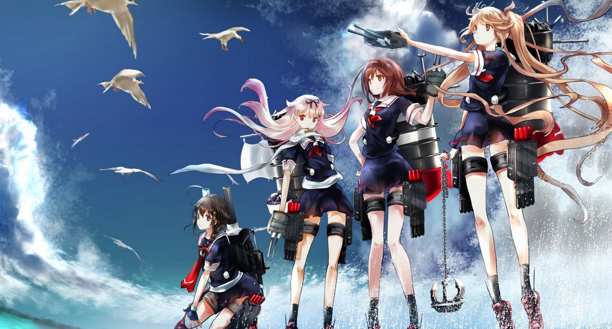 art renon tenle kantai collection murasame shigure shiratsuyu yuudachi girls sky clouds weapon birds anime