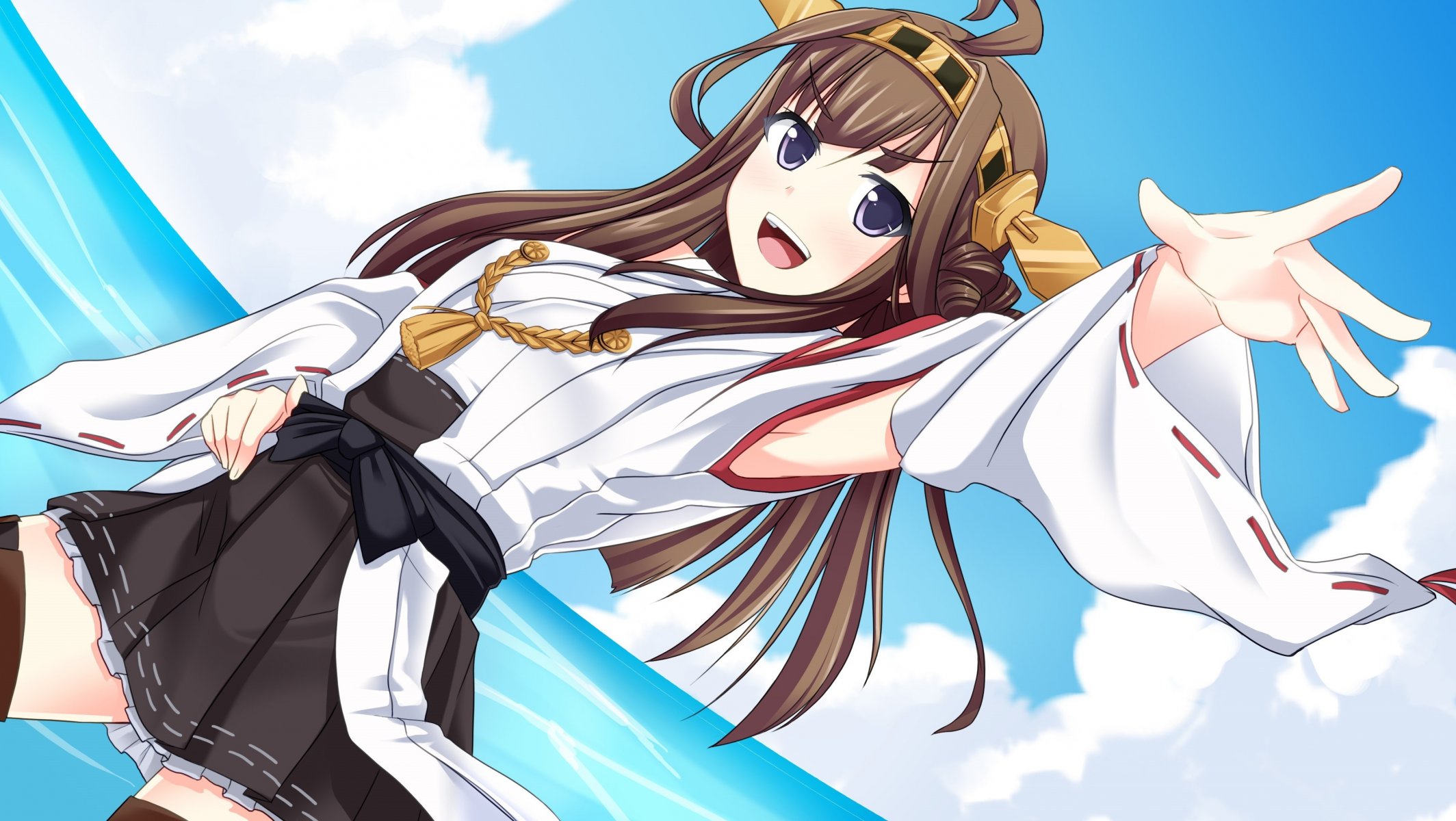 art furukawa tsukumo kantai collection kongou girl view smile is hand dress ocean sky cloud