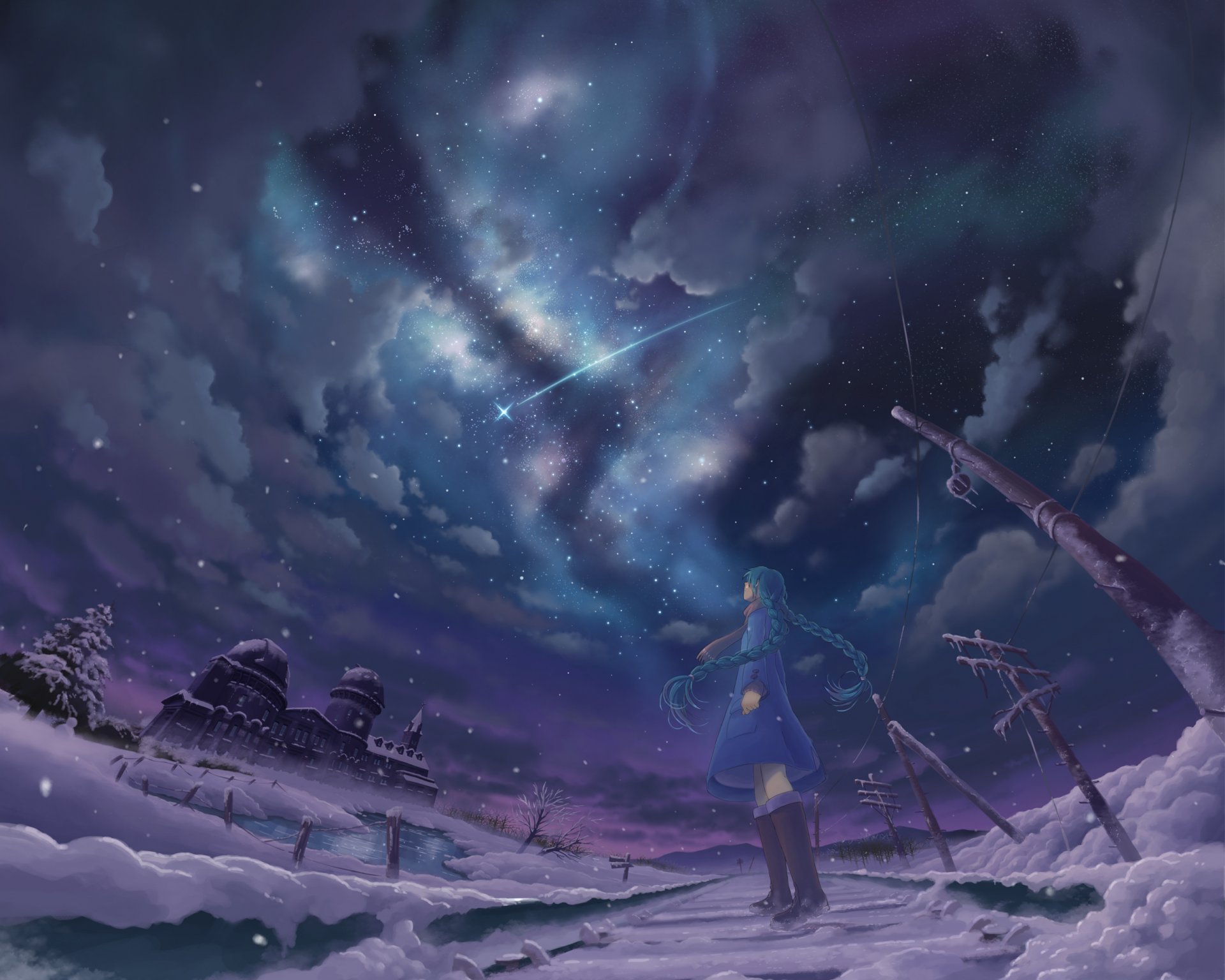 kunst inoki vocaloid hatsune miku mädchen nacht sterne himmel wolken winter tränen drähte säulen anime