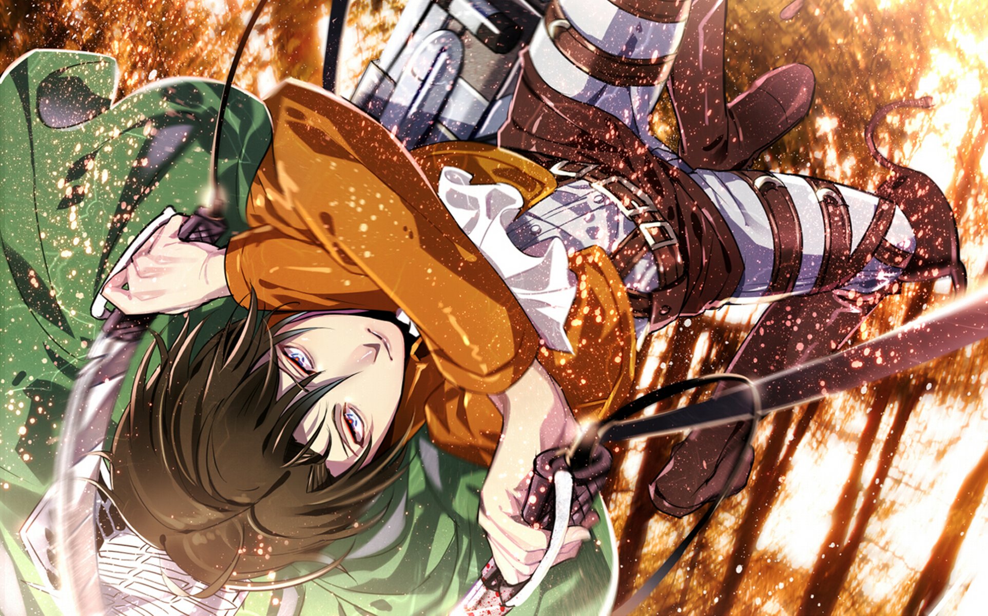 ataque en titán no shingeki no kyojin rivaille levi chico chispas bosque salto