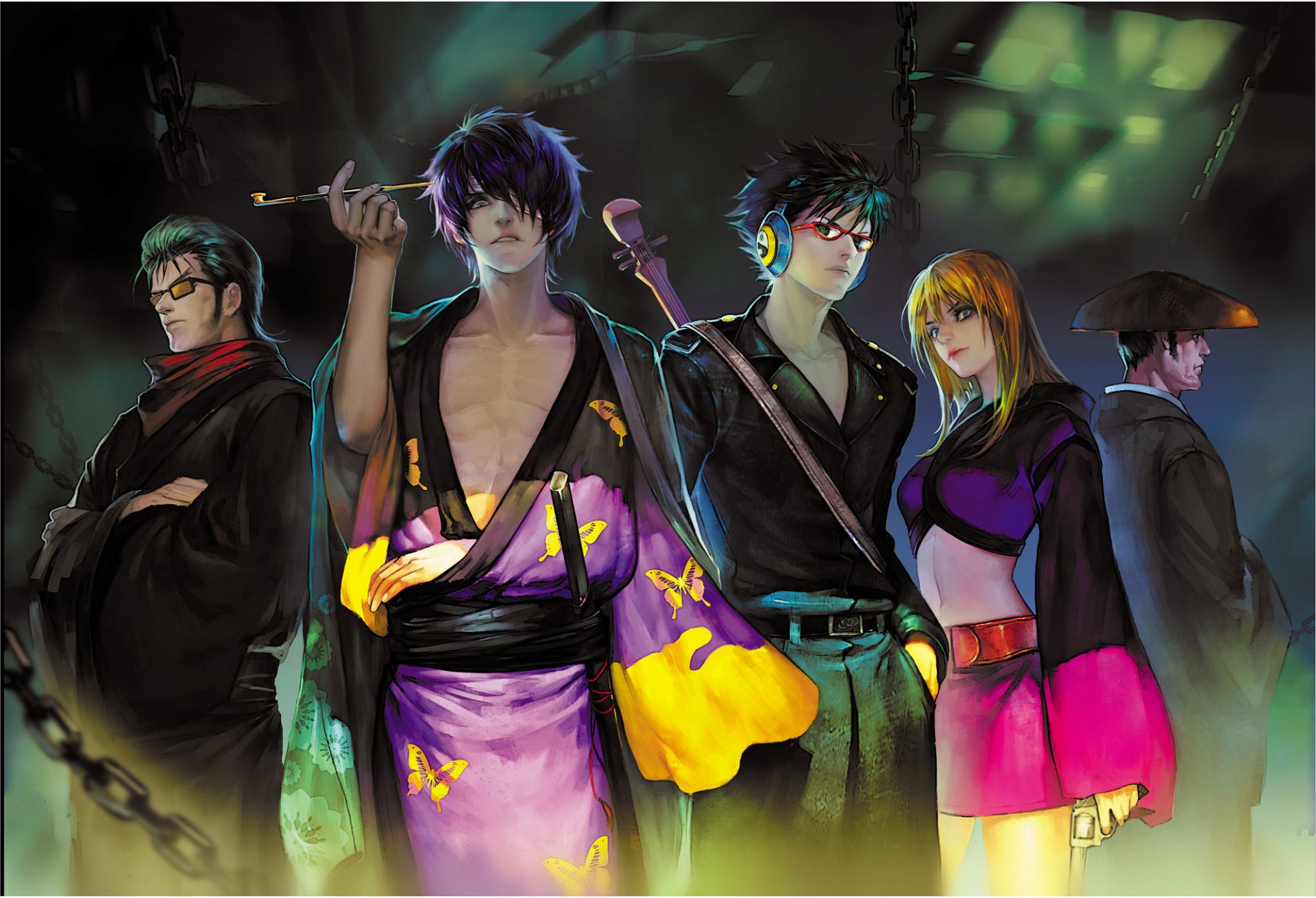 arte elna gintama takasugi shinsuke kawakami bansai kijima matako okada nizou taketi henpeita chica chicos kimono tubo arma pistola sombrero gafas cadena auriculares