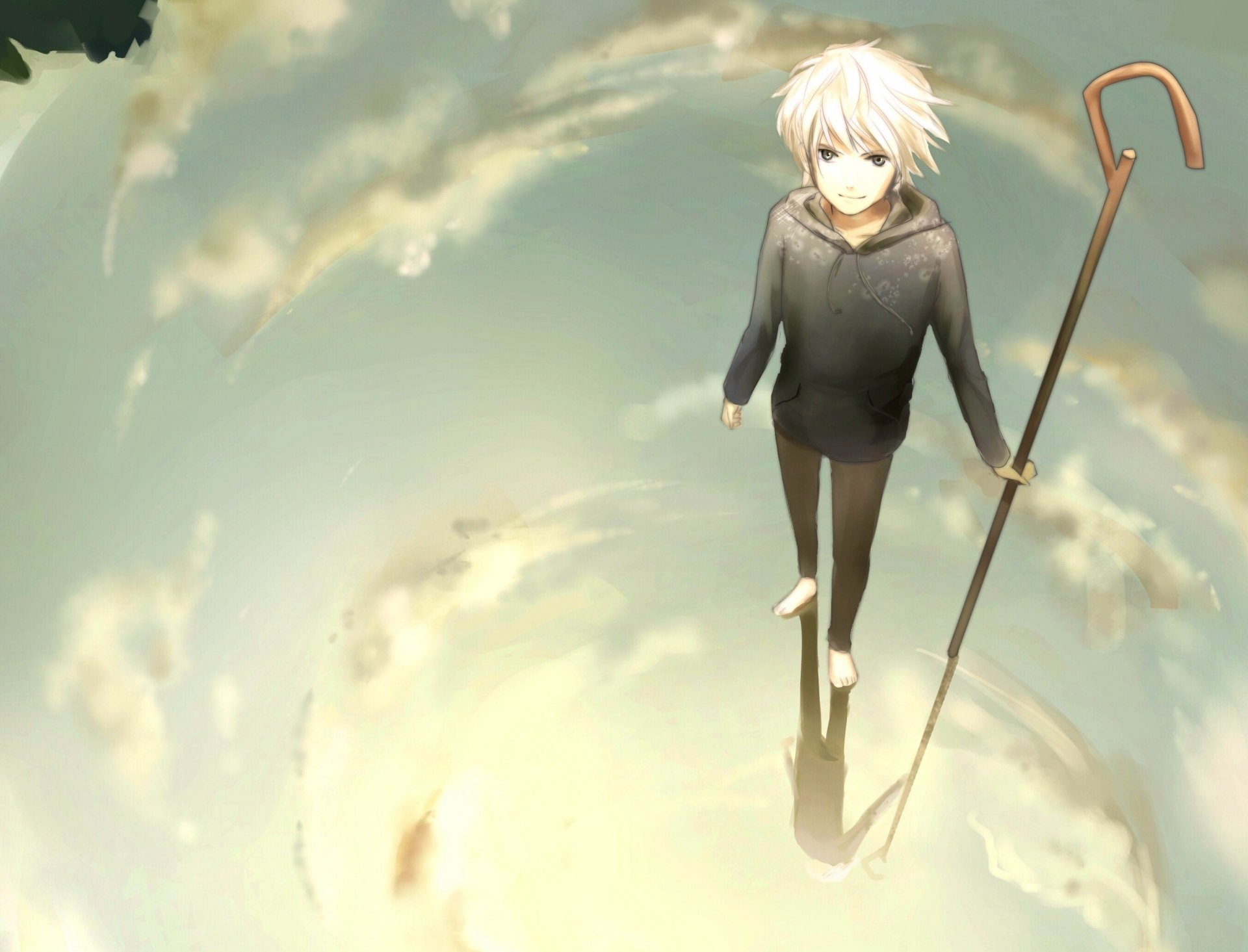 art escente rise of the guardians jack frost guy water reflection sky clouds cane keepers of dreams anime