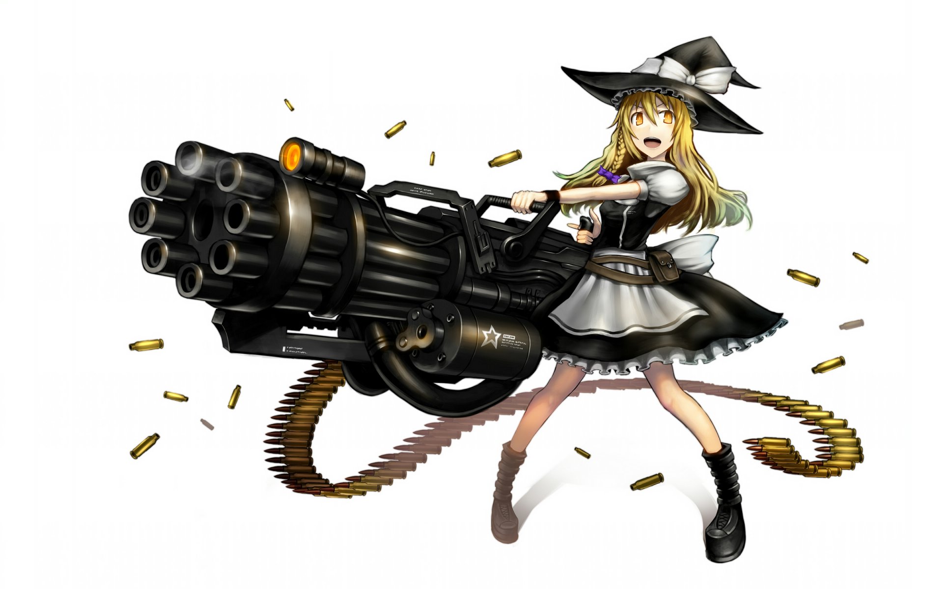 kunst gia marisa kirisame touhou mädchen hut gatling-maschinengewehr waffe hülsen anime spiel