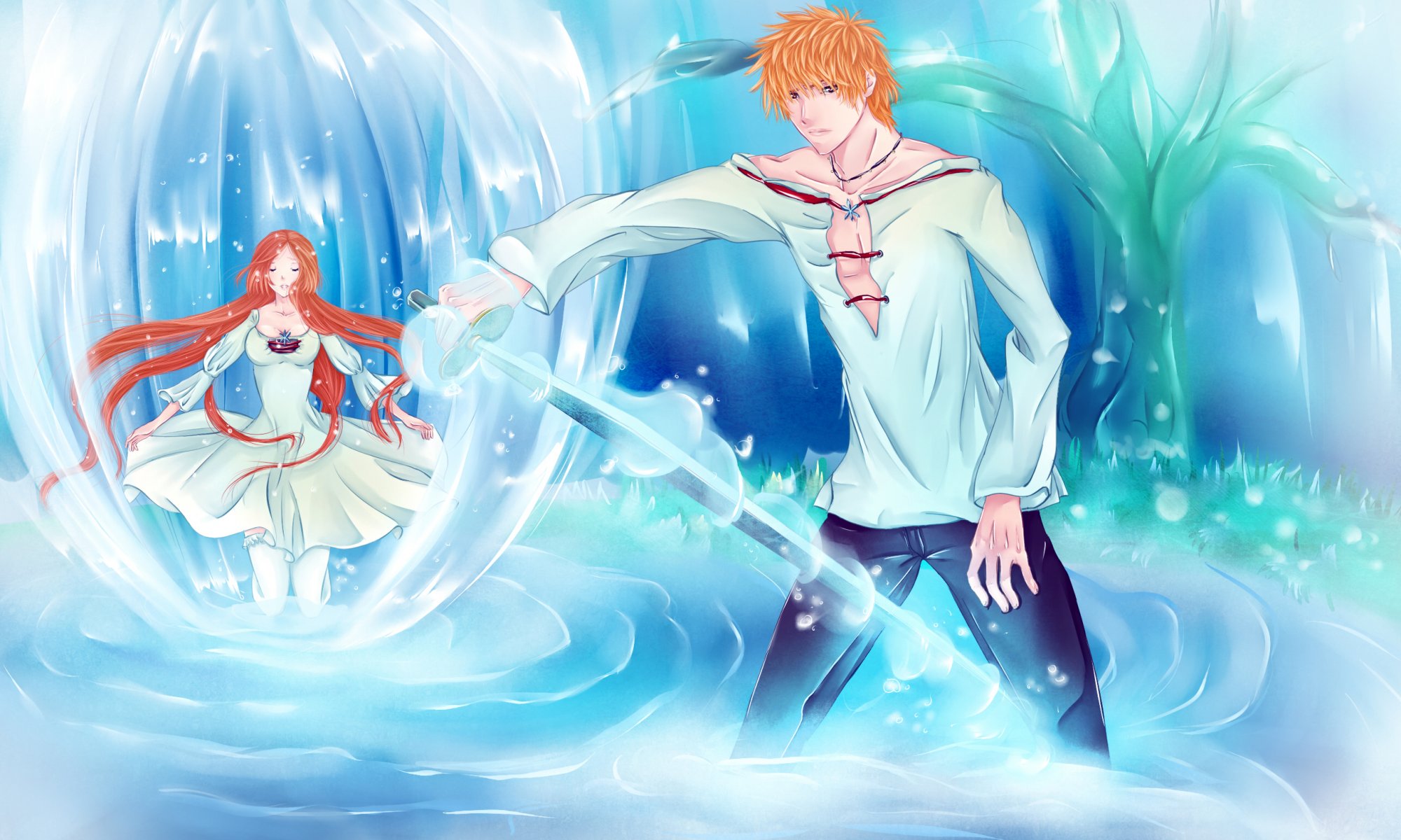 art iwonn anime bleach ichigo kurosaki inoue orihime dziewczyna chłopak woda miecz broń drzewo