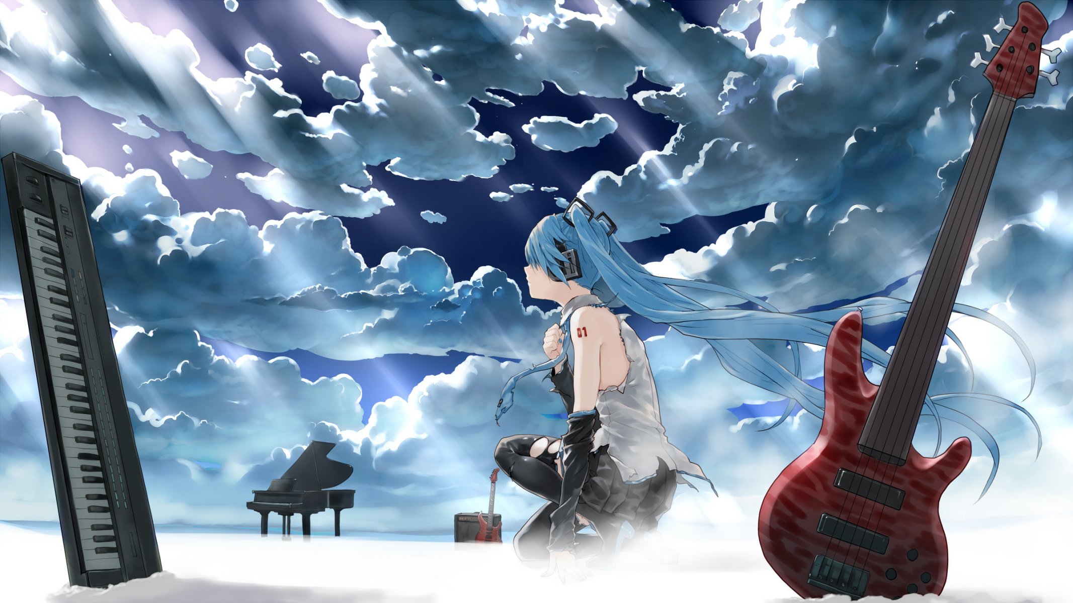 art bob biyonbiyon hatsune miku vocaloid dziewczyna gitara niebo chmury światło instrumenty syntezator fortepian słuchawki