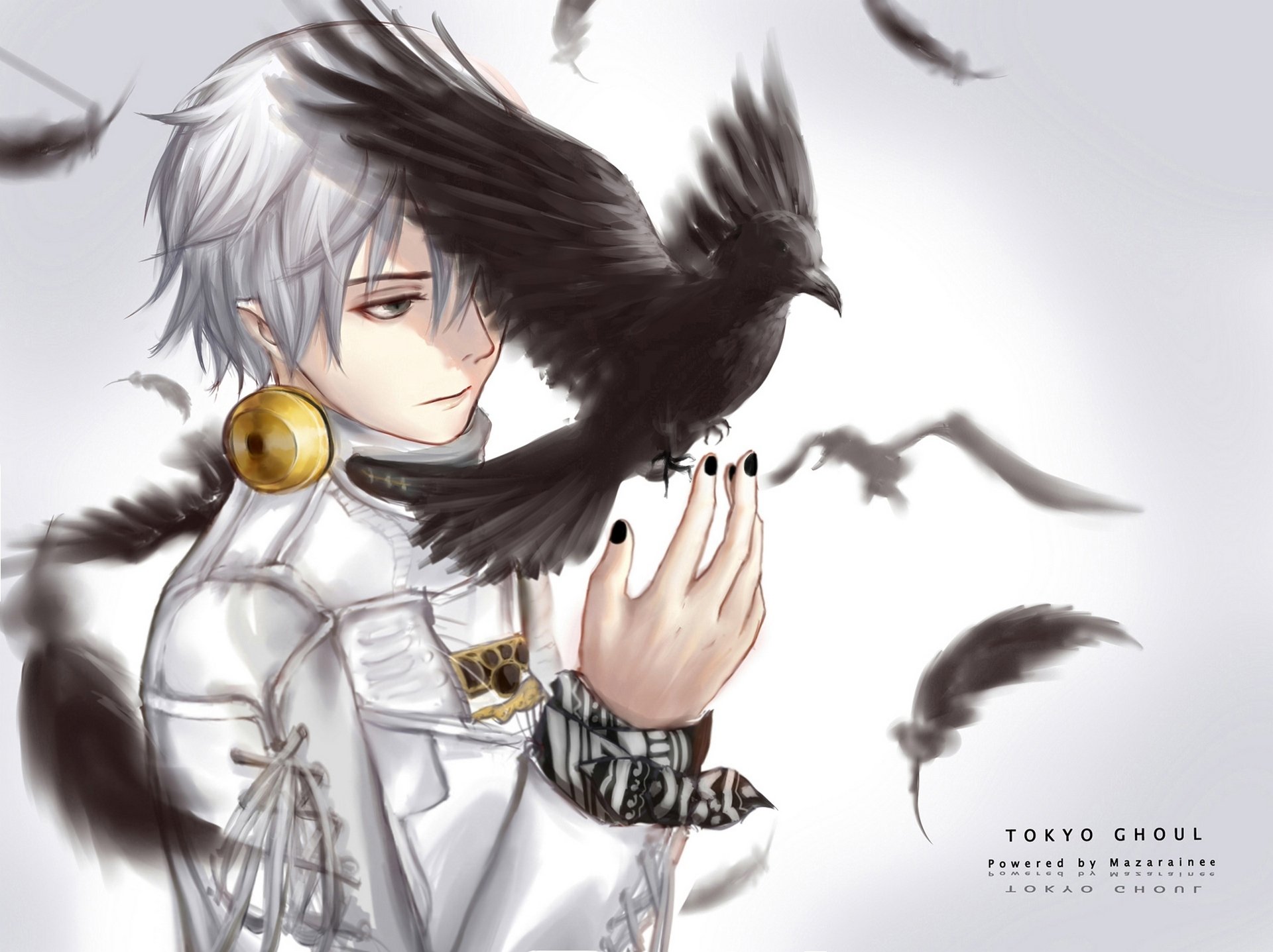 arte mazarinee anime tokio ghoul kaneki ken chico cuervo aves plumas auriculares