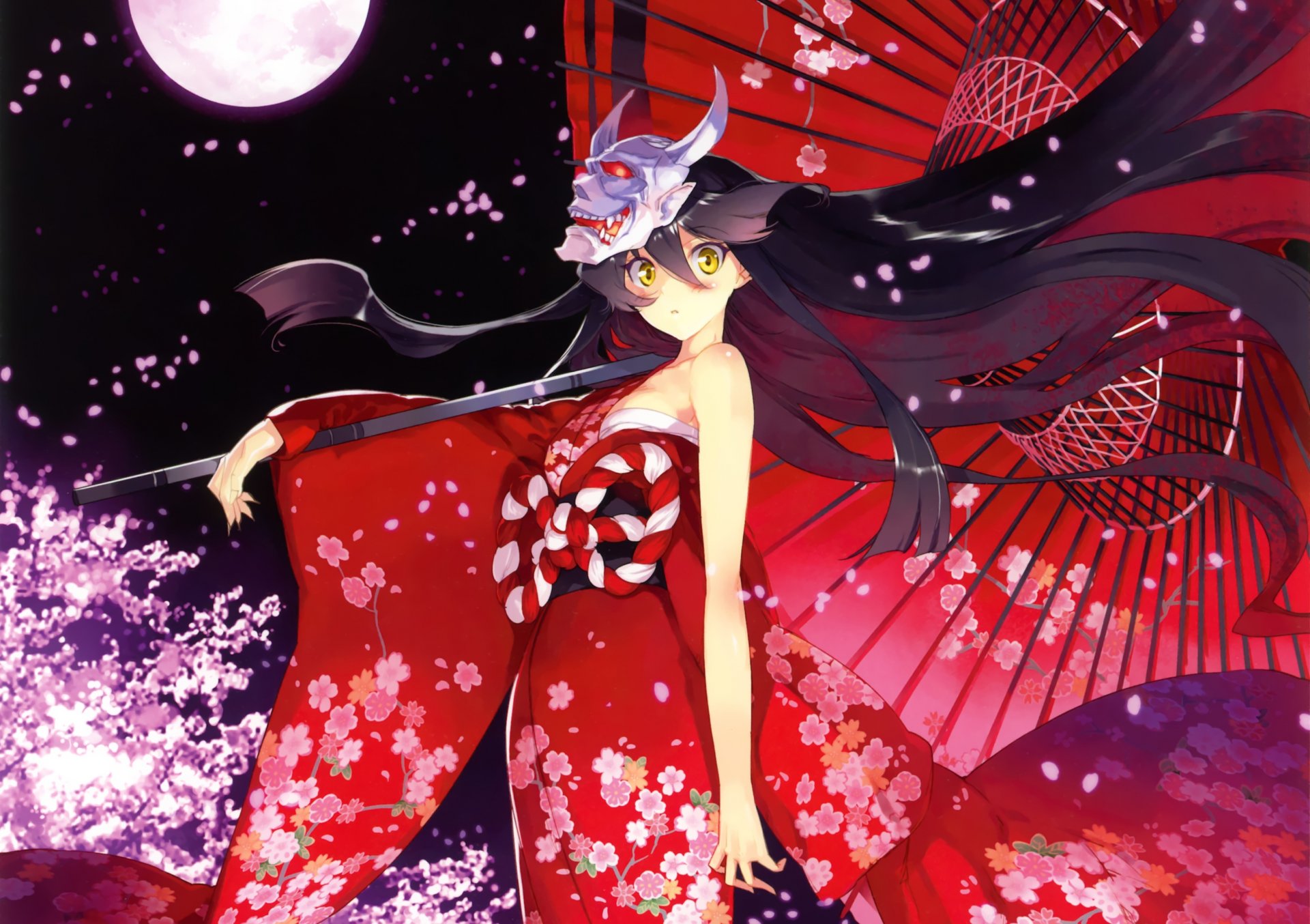 art ueda ryou anime hakumei devil demon of the night girl night kimono umbrella mask petals sakura moon flower