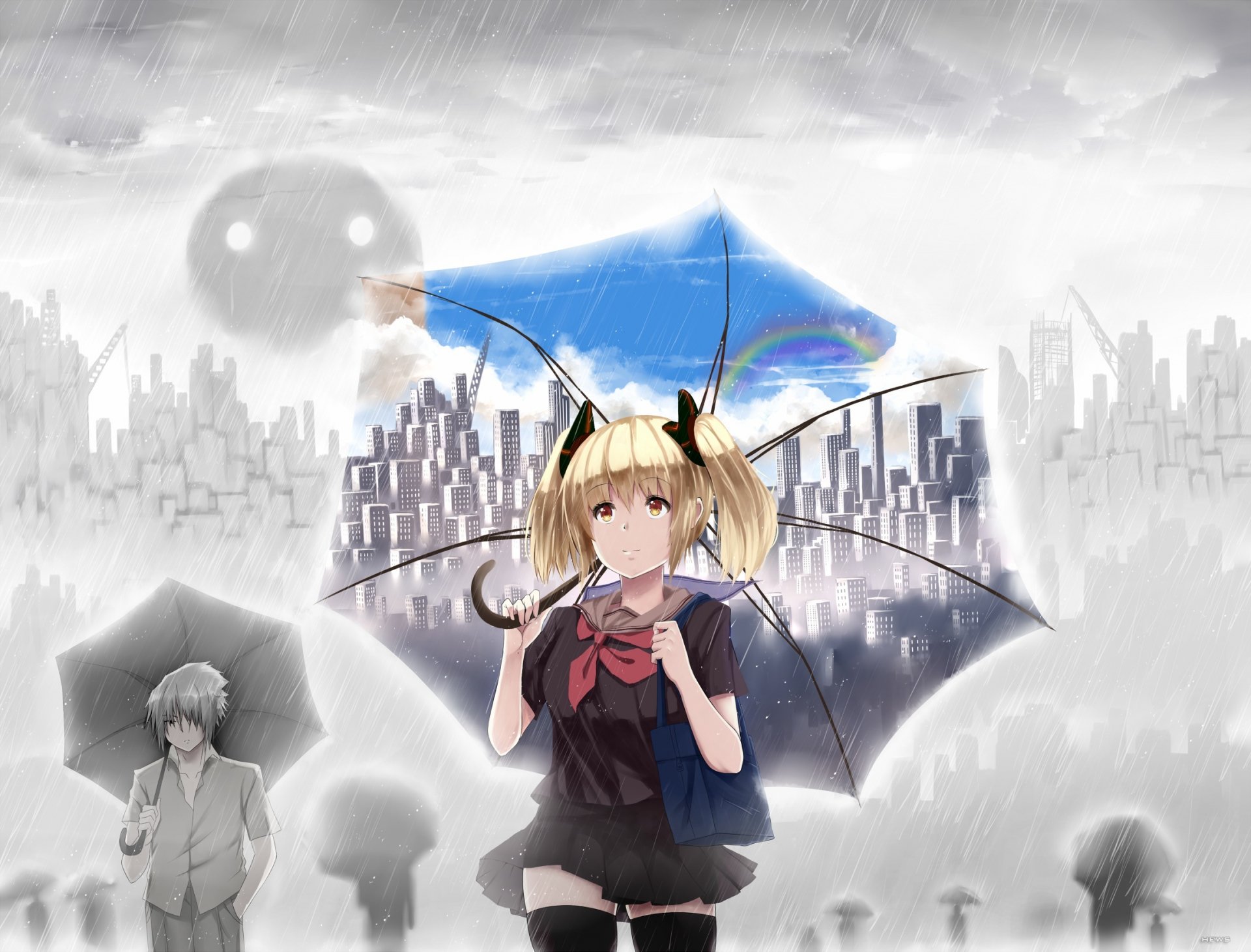 art hewsack fille parapluie ville maisons arc-en-ciel ciel nuages sac garçon pluie gens écolière anime