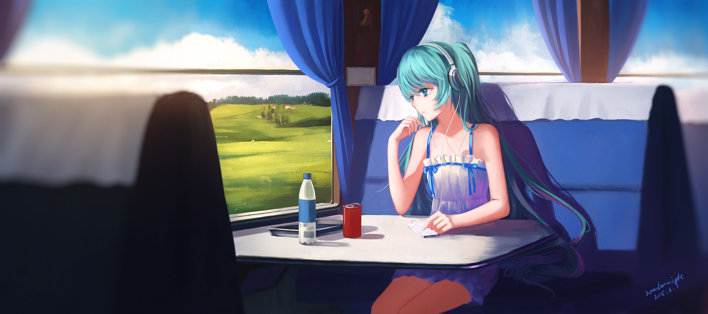 art sombernight hatsune miku train vocaloid girl headphones landscape anime phone water