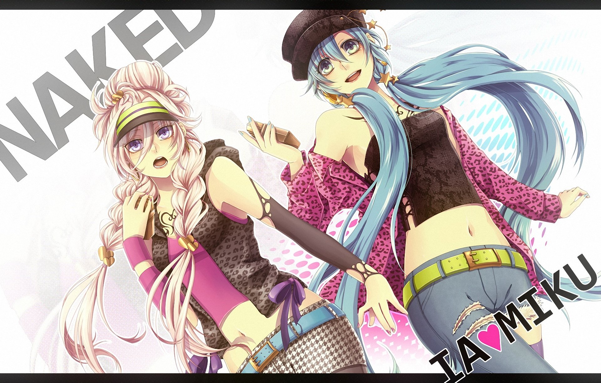 arte domco vocaloid ia hatsune miku ragazze sfondo lettering stile coda di cavallo trecce berretto