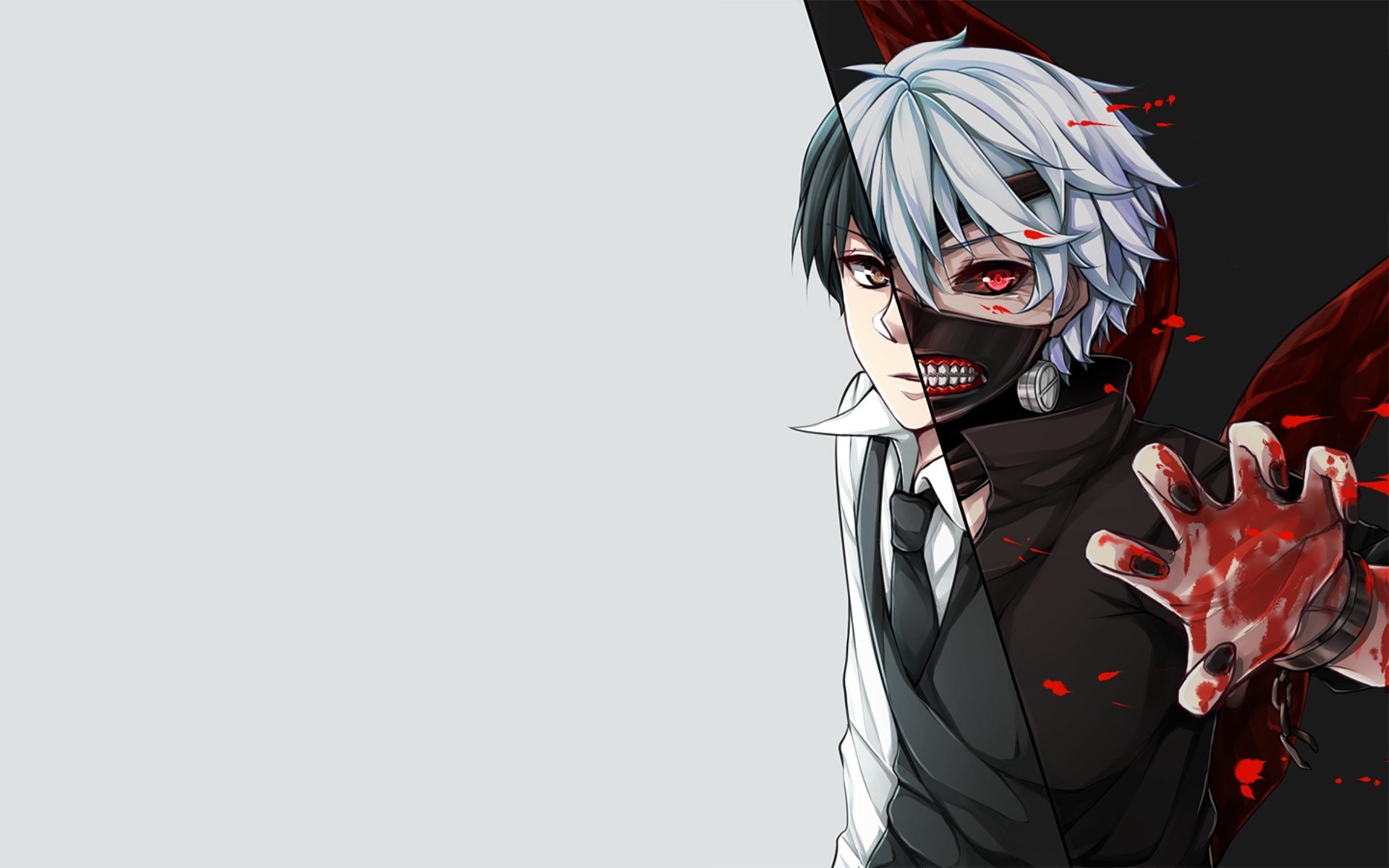 tokyo ghoul uomo cannibale doppiezza kaneki ken occhio sangue maschera artiglio arte sfondo tokyo ghoul ragazzo doppiezza kaneki ken arte