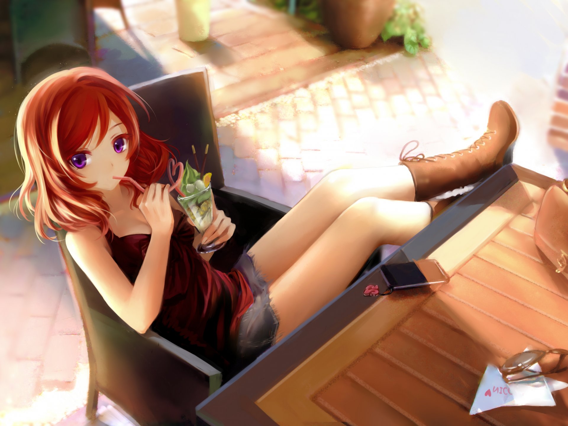 art clouble girl nishikino maki view surprised drink sitting phone love live school idol project