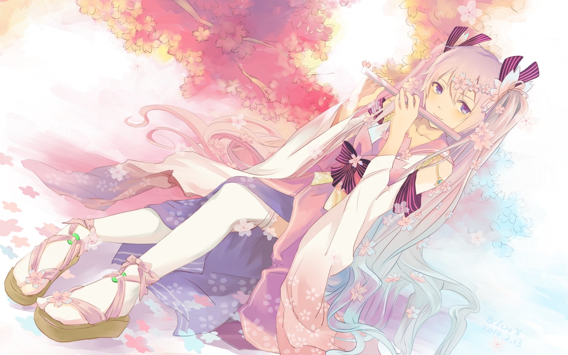 art zerox vocaloid hatsune miku girl tree sakura petals kimono