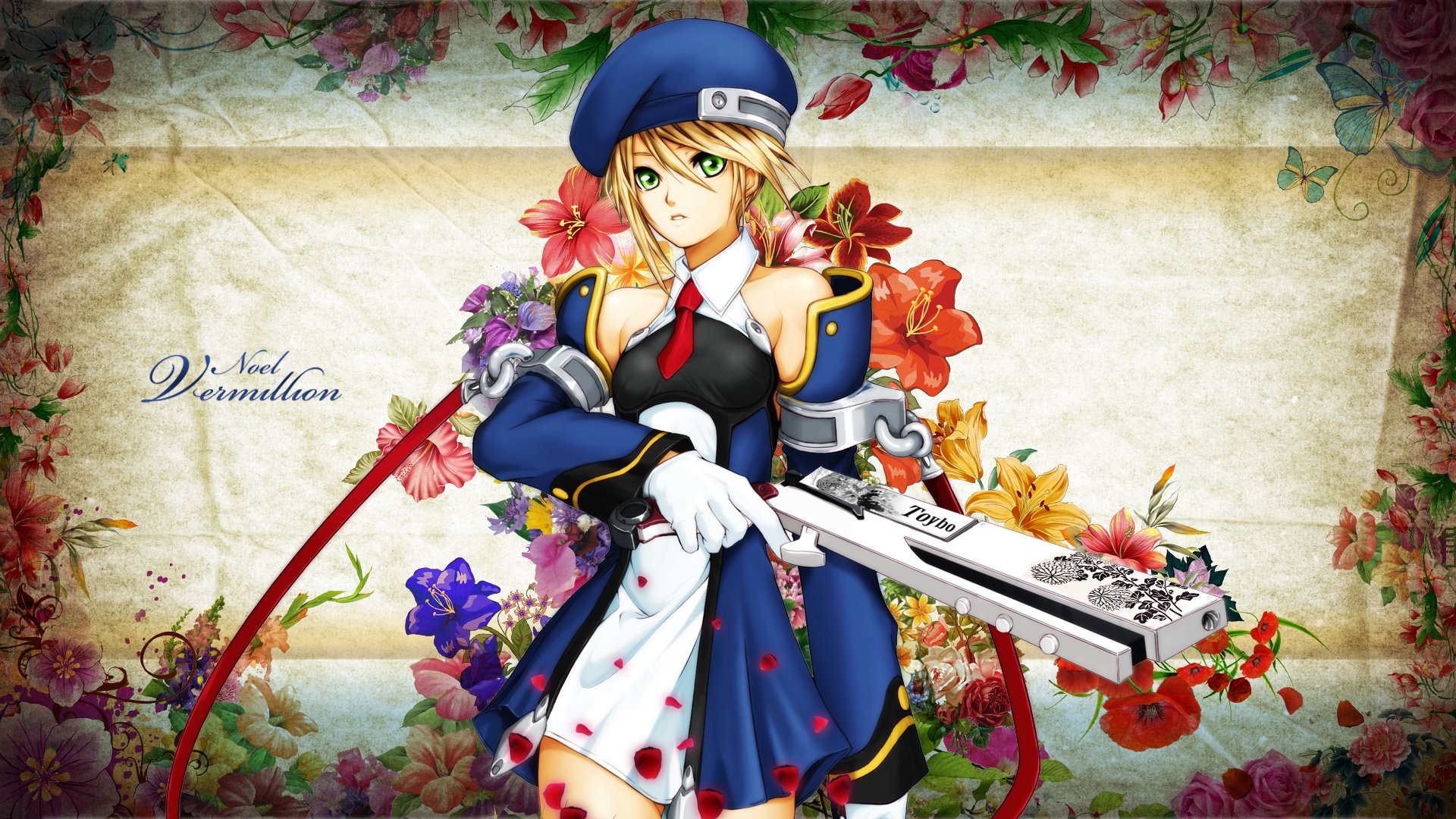 kunst toyboj blazblue noel scharlachrot mädchen waffe hintergrund muster blumen blütenblätter