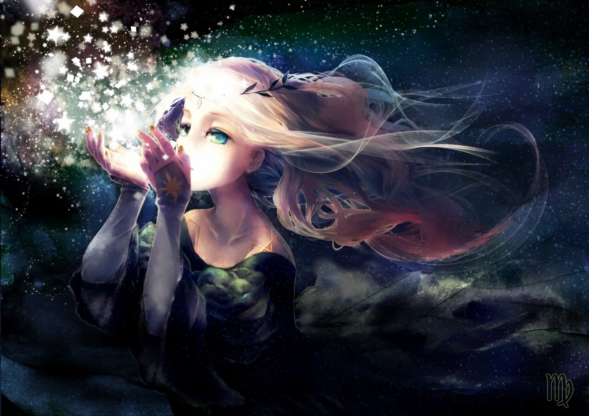 art yukino neko girl star sky wreath night magic anime