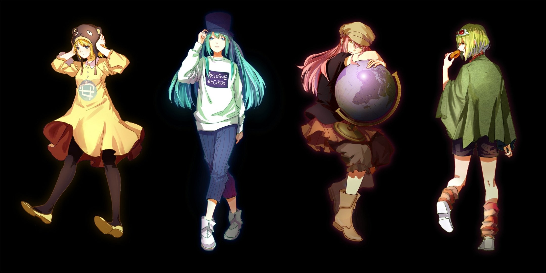 arte kirayoci vocaloid gumi hatsune miku kagamine rin megurine luka ragazze buco del bagel cappello globo terra vocaloid ciambella occhiali