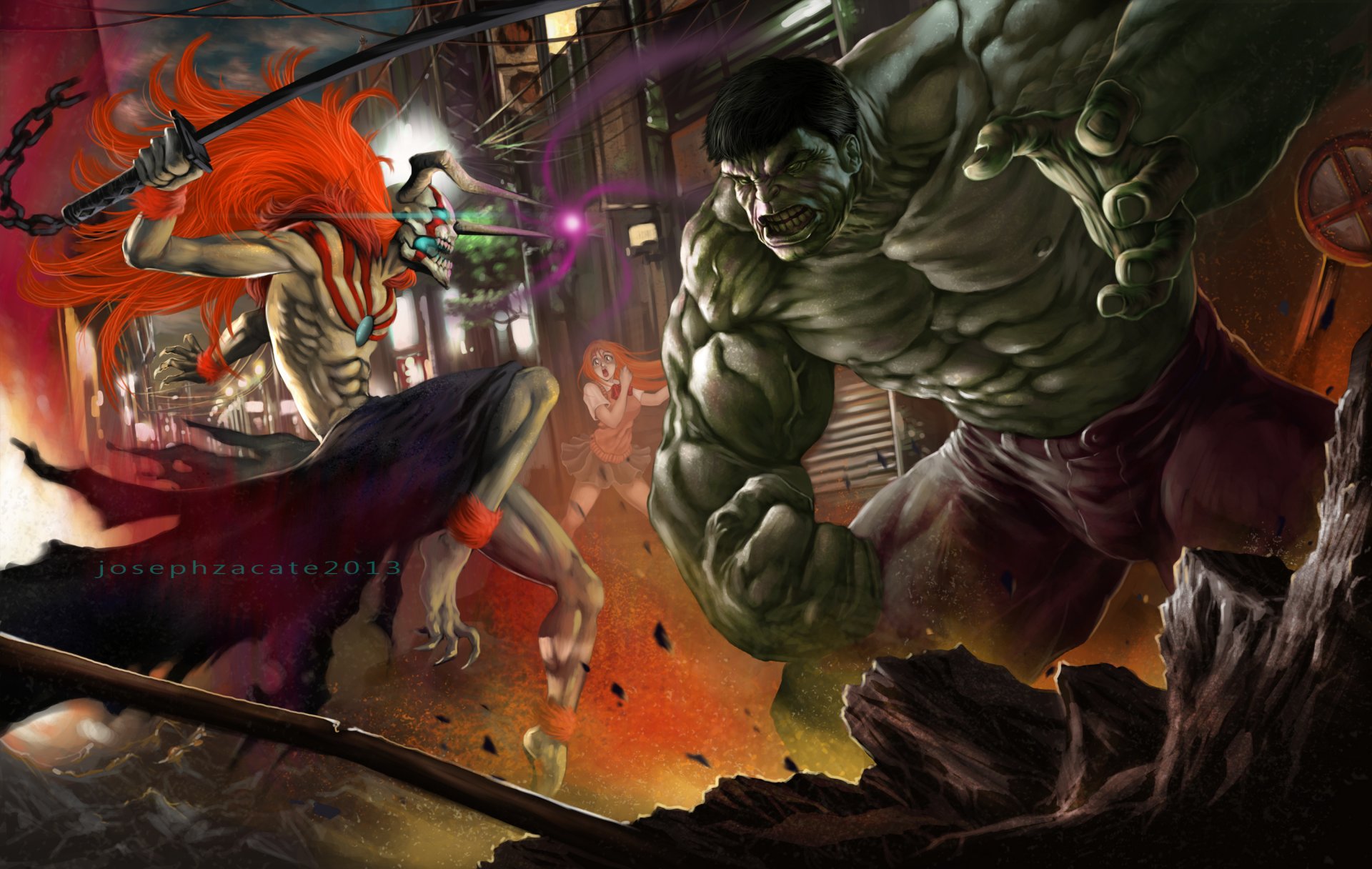 arte dolor de oído-j chicos ichigo kurosaki hulk chica inoue orihime ira sorpresa armas magia ciudad destrucción noche ichigo vs hulk lejía lejía