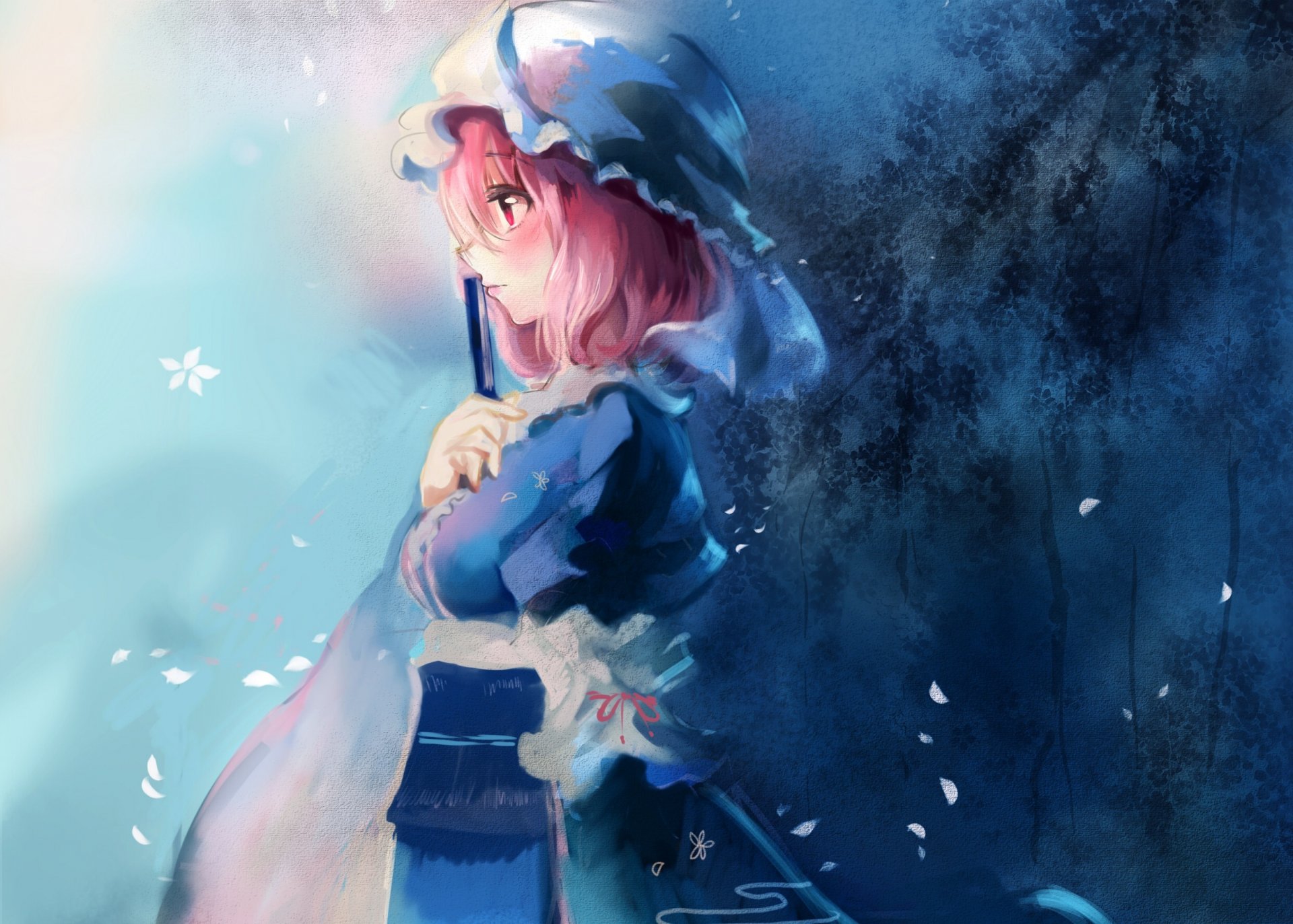 art ayaya touhou saigeji yuyuko fille ventilateur bonnet kimono fleurs pétales sakura