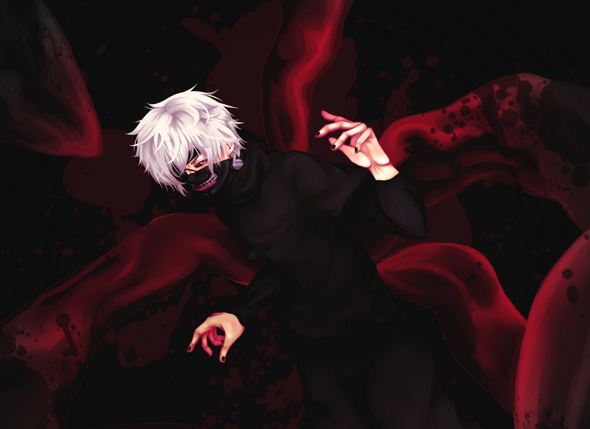 arte kou-yuu chico kaneki ken mirada gesto máscara sangre garra tokio ghoul