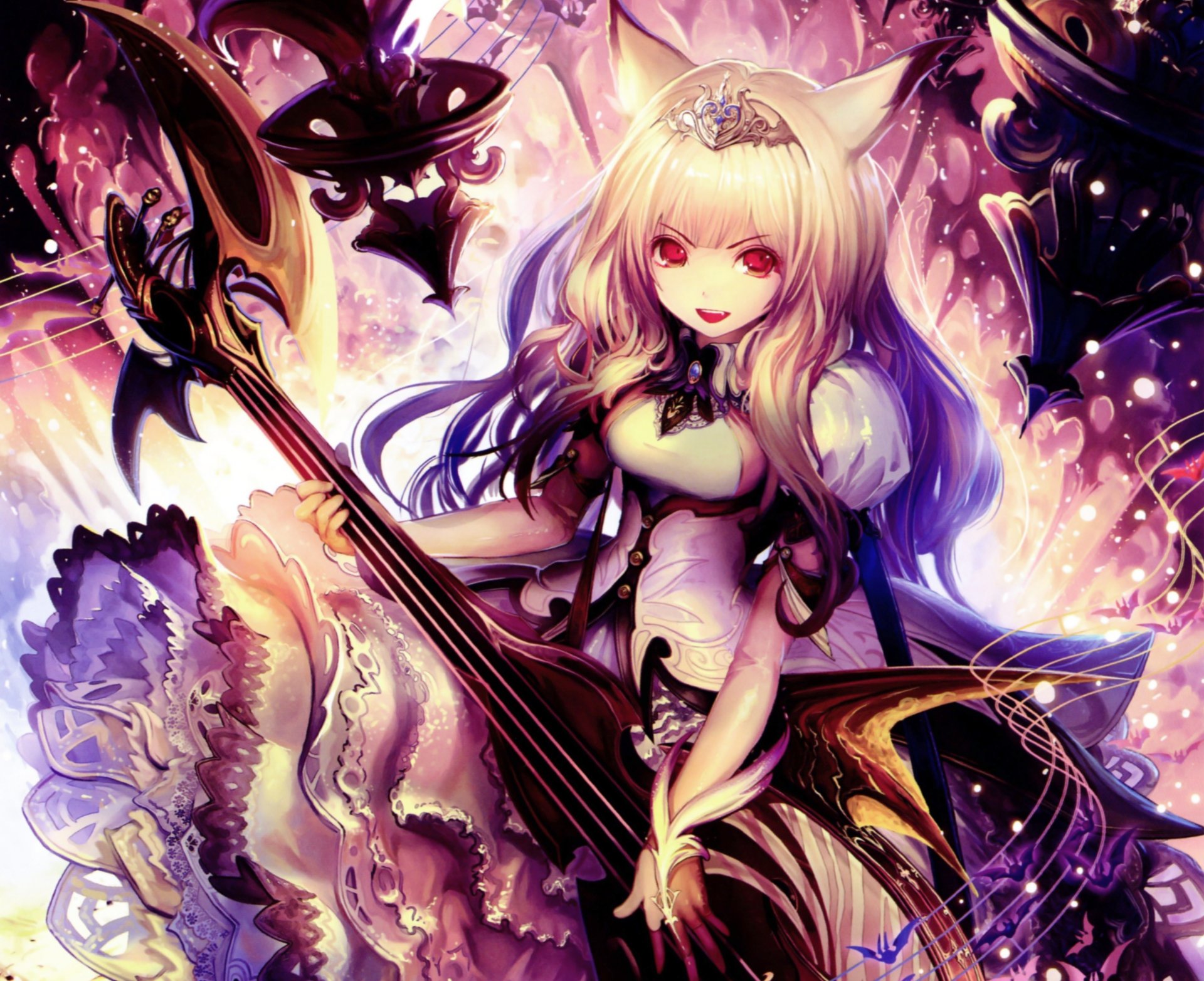 arte tachikawa mushimaro bimo anime no shingeki no bahamut chica orejas murciélago notas instrumento musical