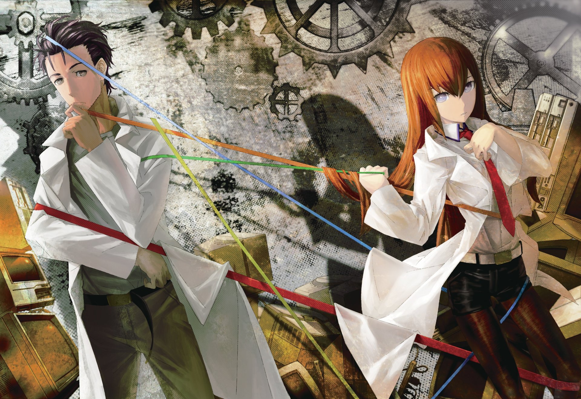 art huke anime steins;gate gates matte makise kurisu okabe rintarou girl guy gown necktie strand