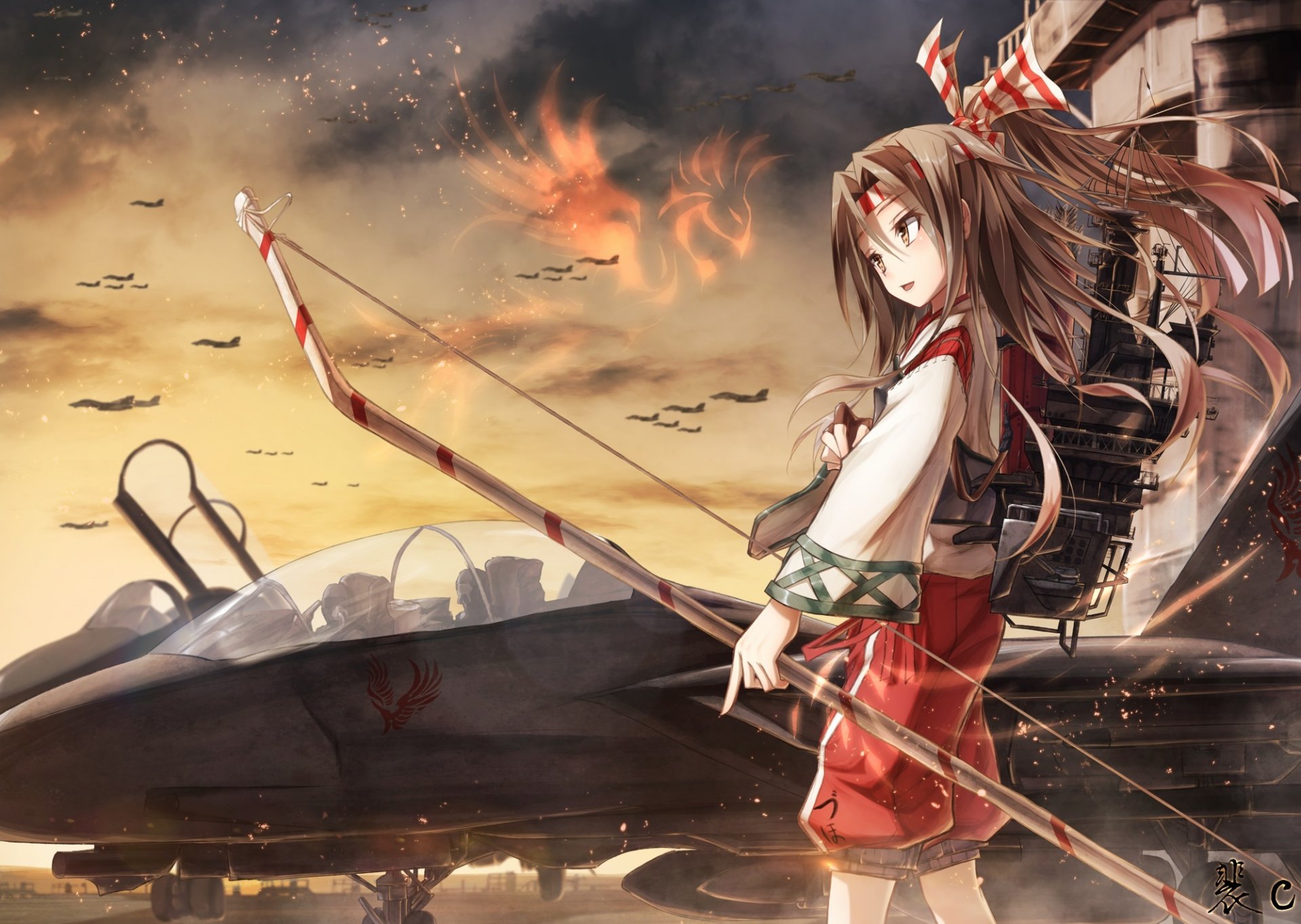 kunst boyogo kantai collection zuihou mädchen bogen waffen flugzeuge himmel wolken magie pfeile anime