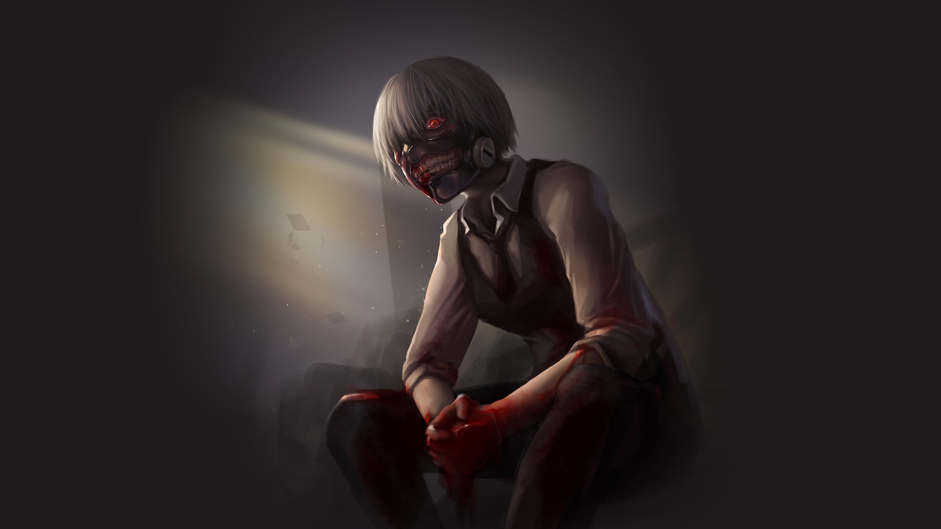 токио вурдалака токийский гуль kaneki кен канеки кен взгляд маска красный глаз белые волосы кровь аниме