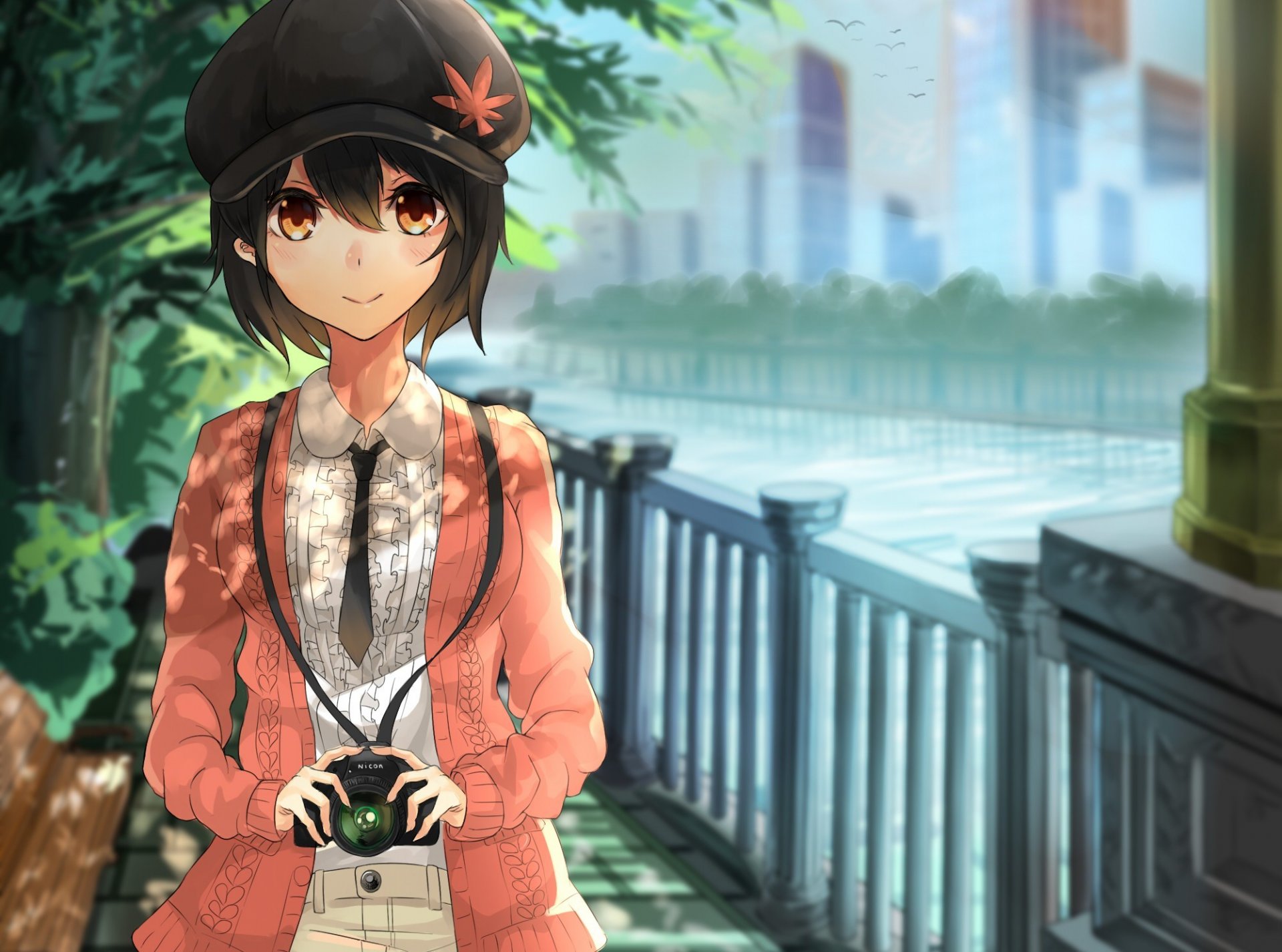 art akira touhou shameimaru aya girl street camera cap fence river tree