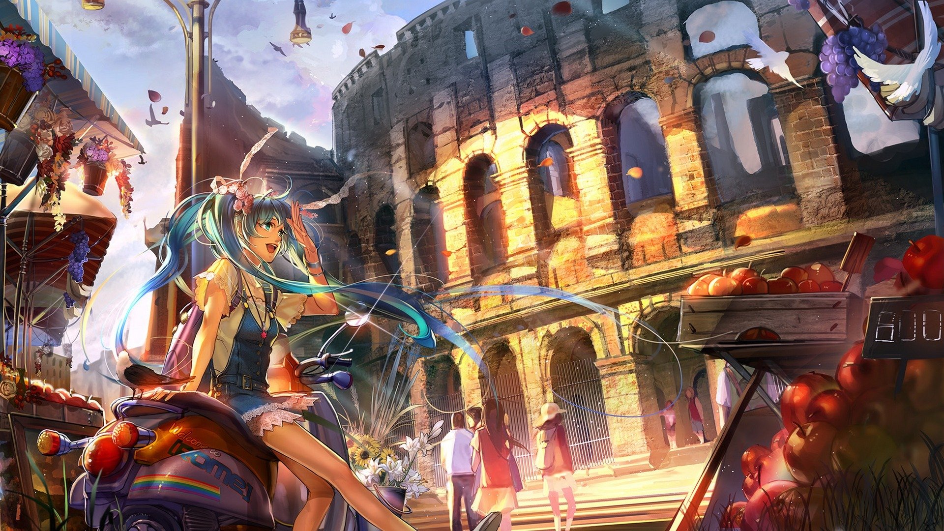 arte liduke vocaloid hatsune miku ragazza persone città frutta mele vocaloid fiori uva petali uccelli colosseo roma italia