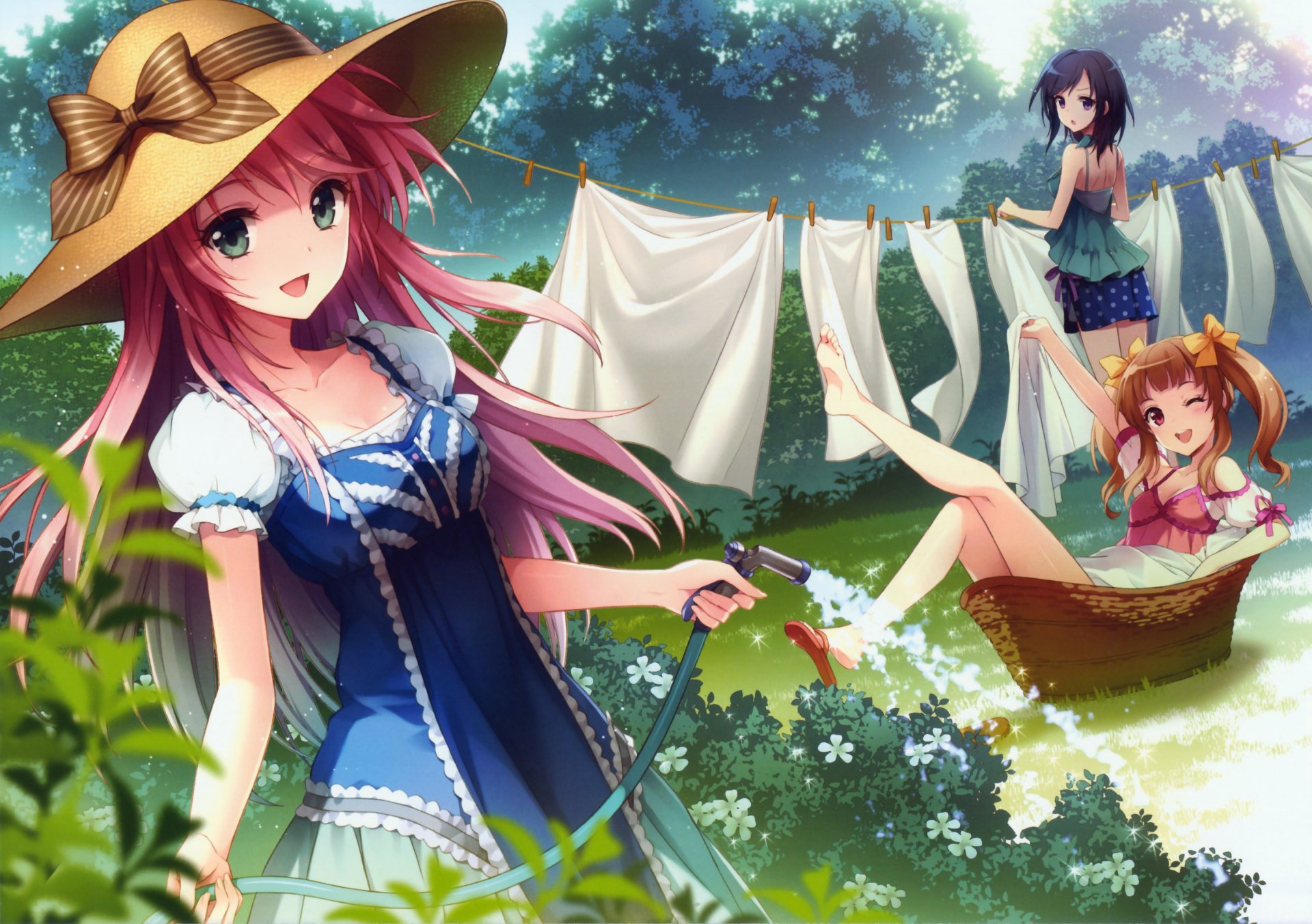 art an2a girls hat hose underwear bow bush water tree nature anime flower