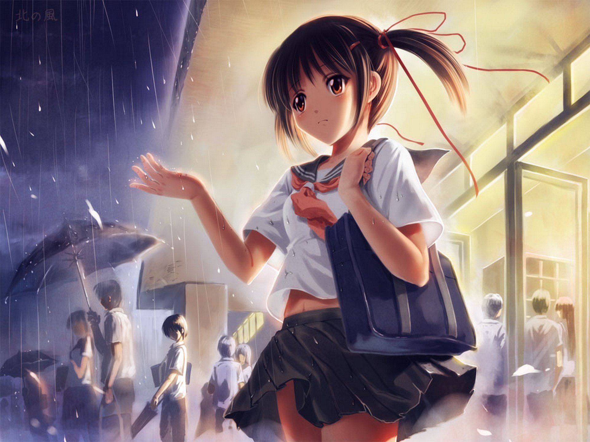 kunst kantarou 01 mädchen schulkinder regen regenschirm schule uniform anime