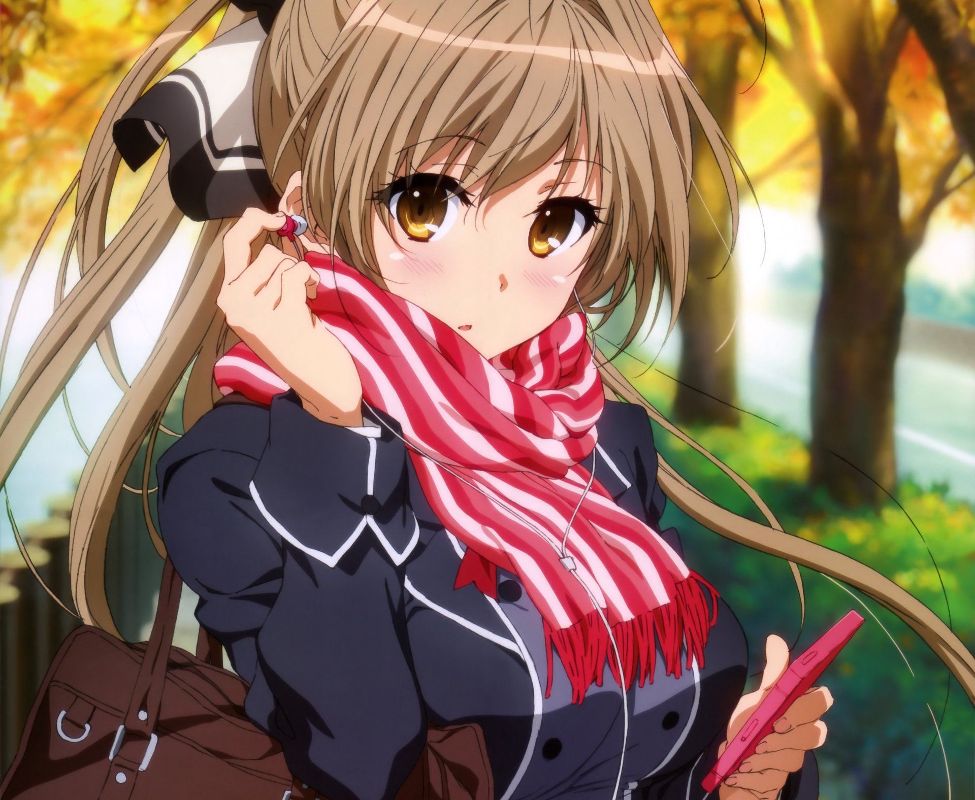 arte anime amagi diamond park sento isuzu chica colegiala auriculares cables teléfono uniforme