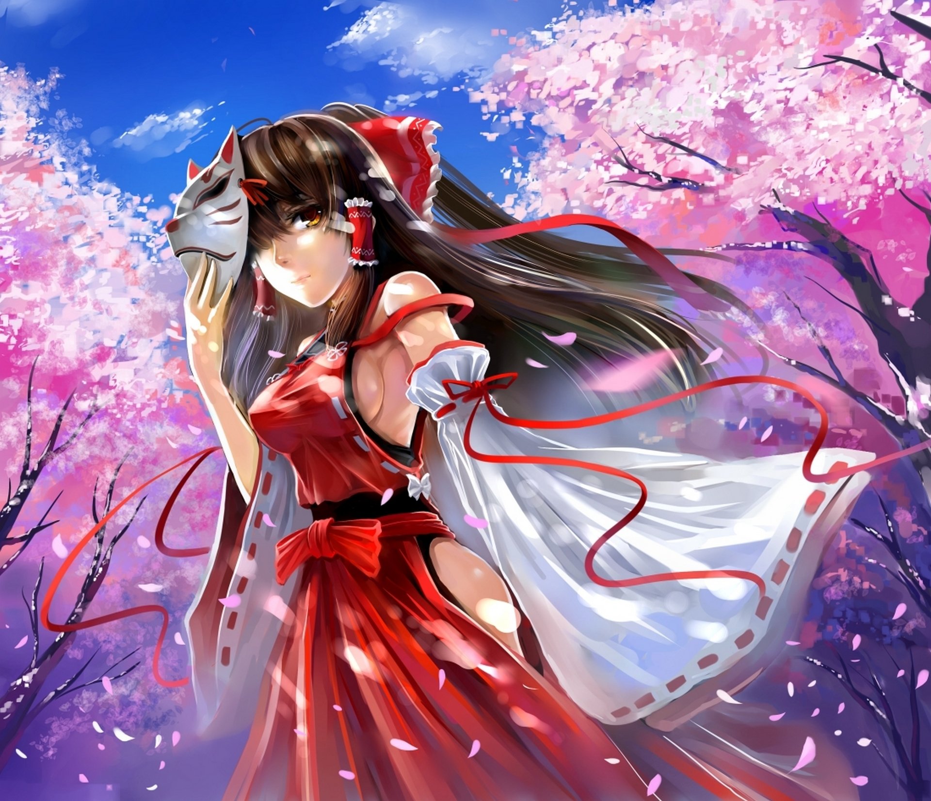 art windtalker touhou hakurei reimu fille masque arbres sakura pétales