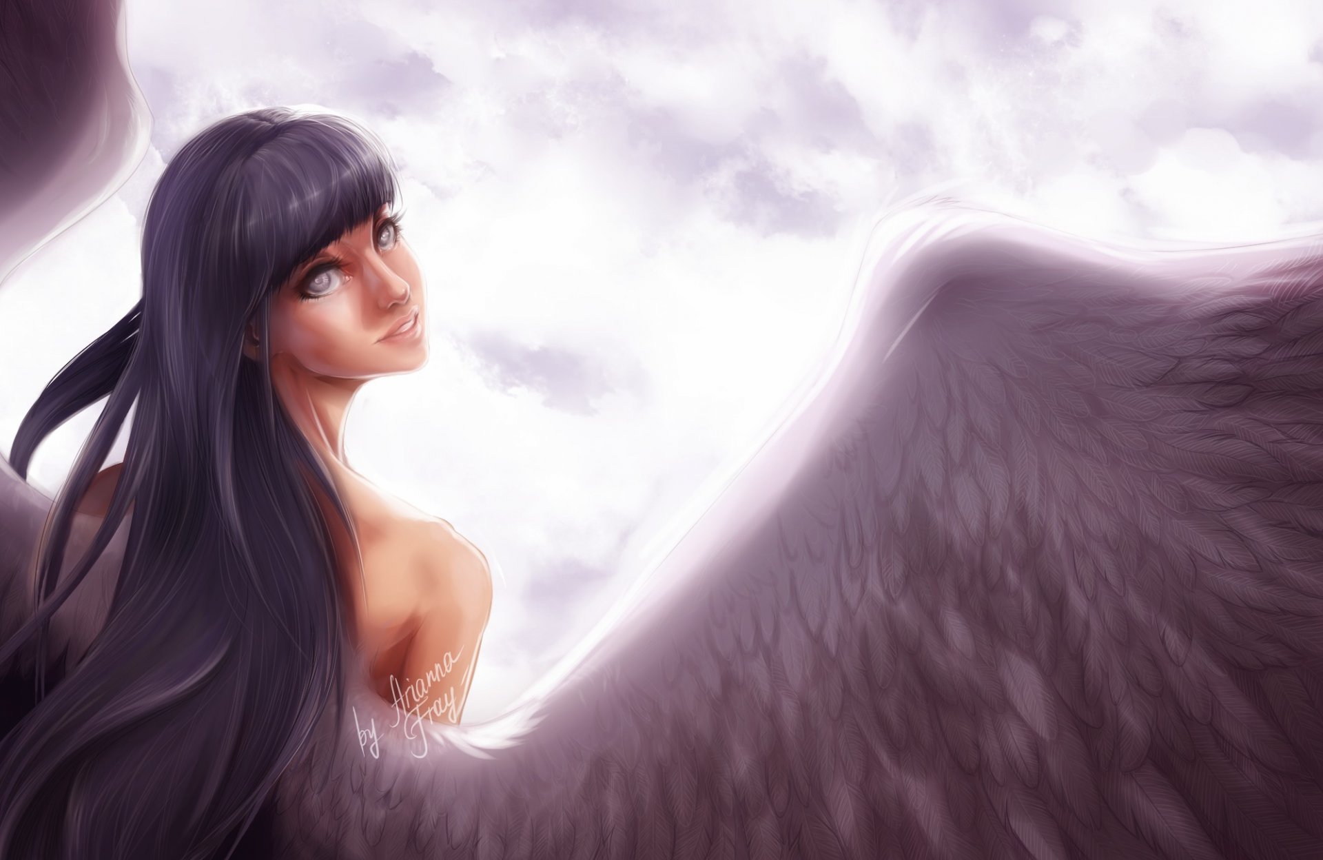 art arianna fray girl hyuuga hinata view smile wings angel sky naruto