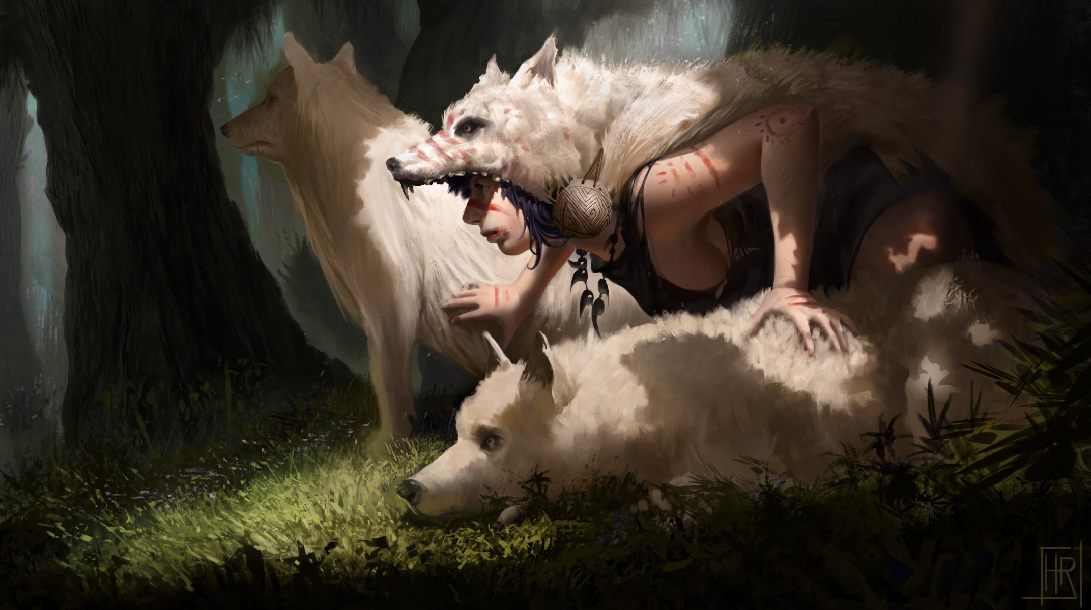 art anime mononoke hime princess mononoke wolves hide tree nature