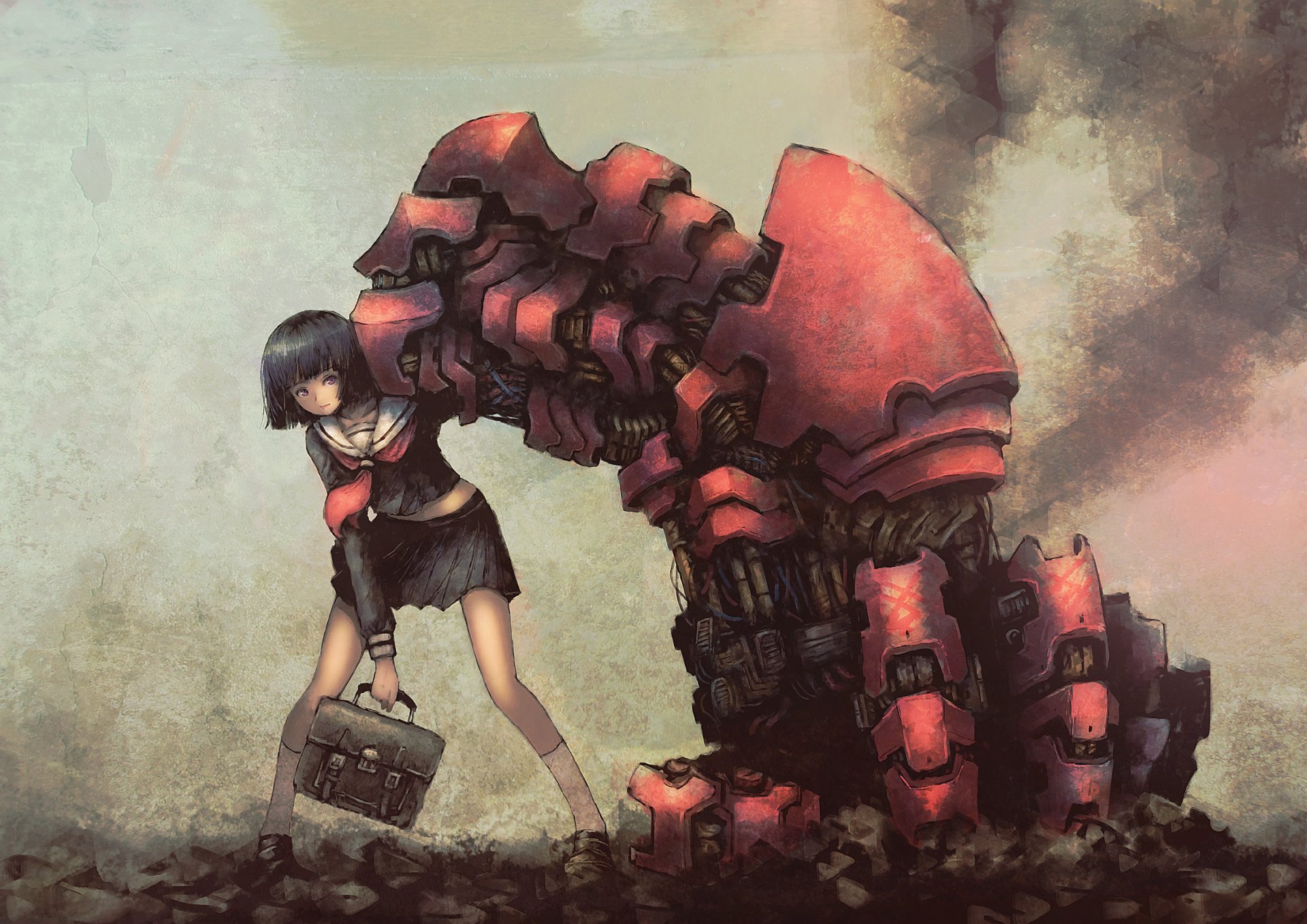 arte zaballot chica colegiala maletín robot brazo uniforme anime