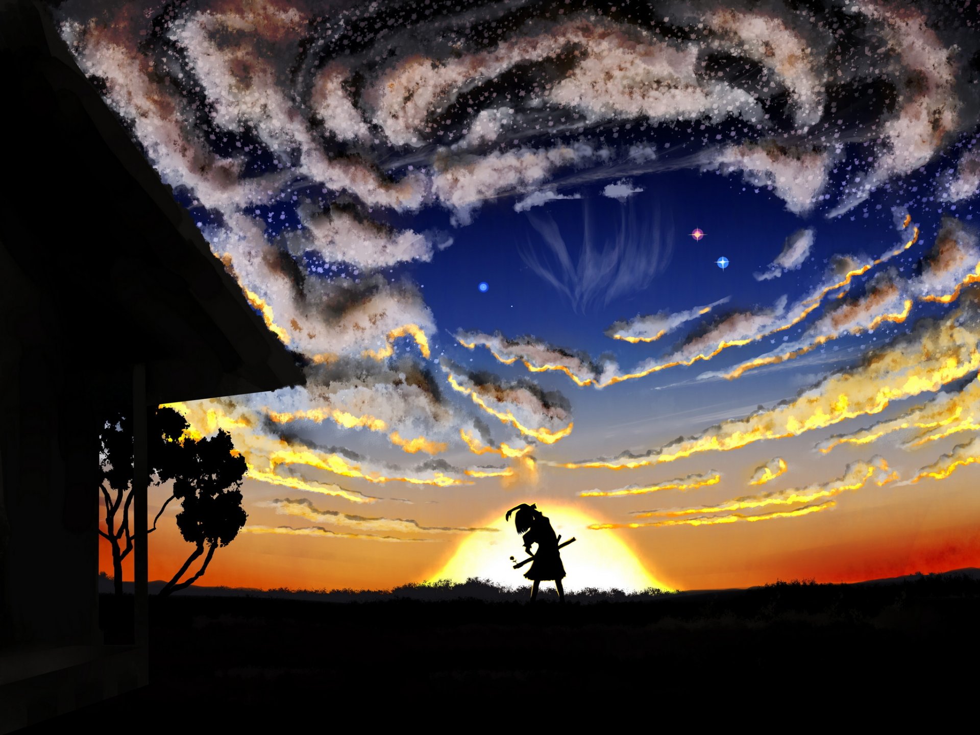 arte touhou compaku él chica anime puesta de sol casa sol nubes cielo naturaleza espada árbol estrellas