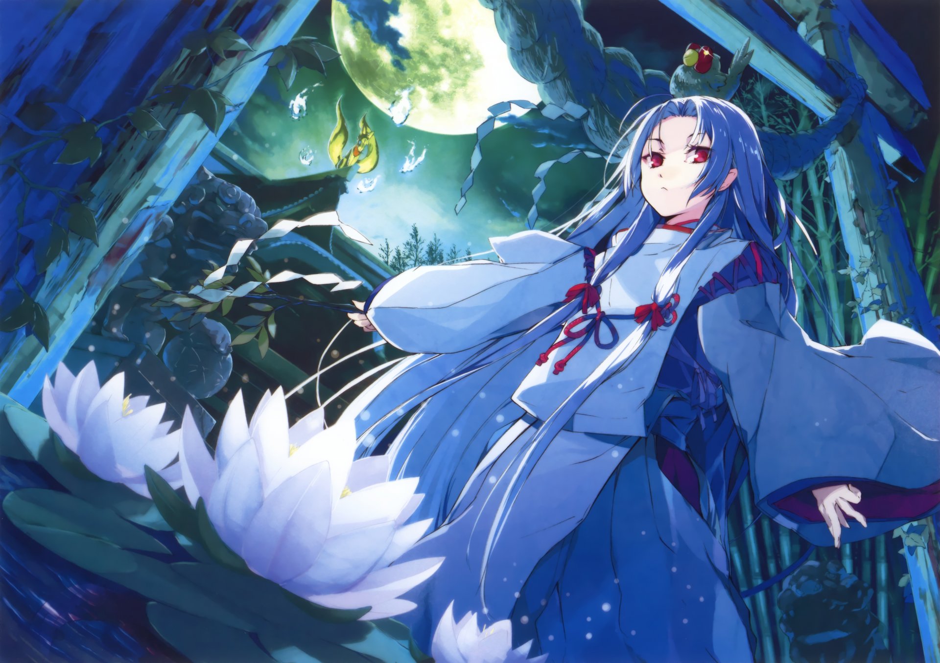 art g yuusuke fille nuit lune fleurs eau lac renard animal anime corde oiseau nuages ciel