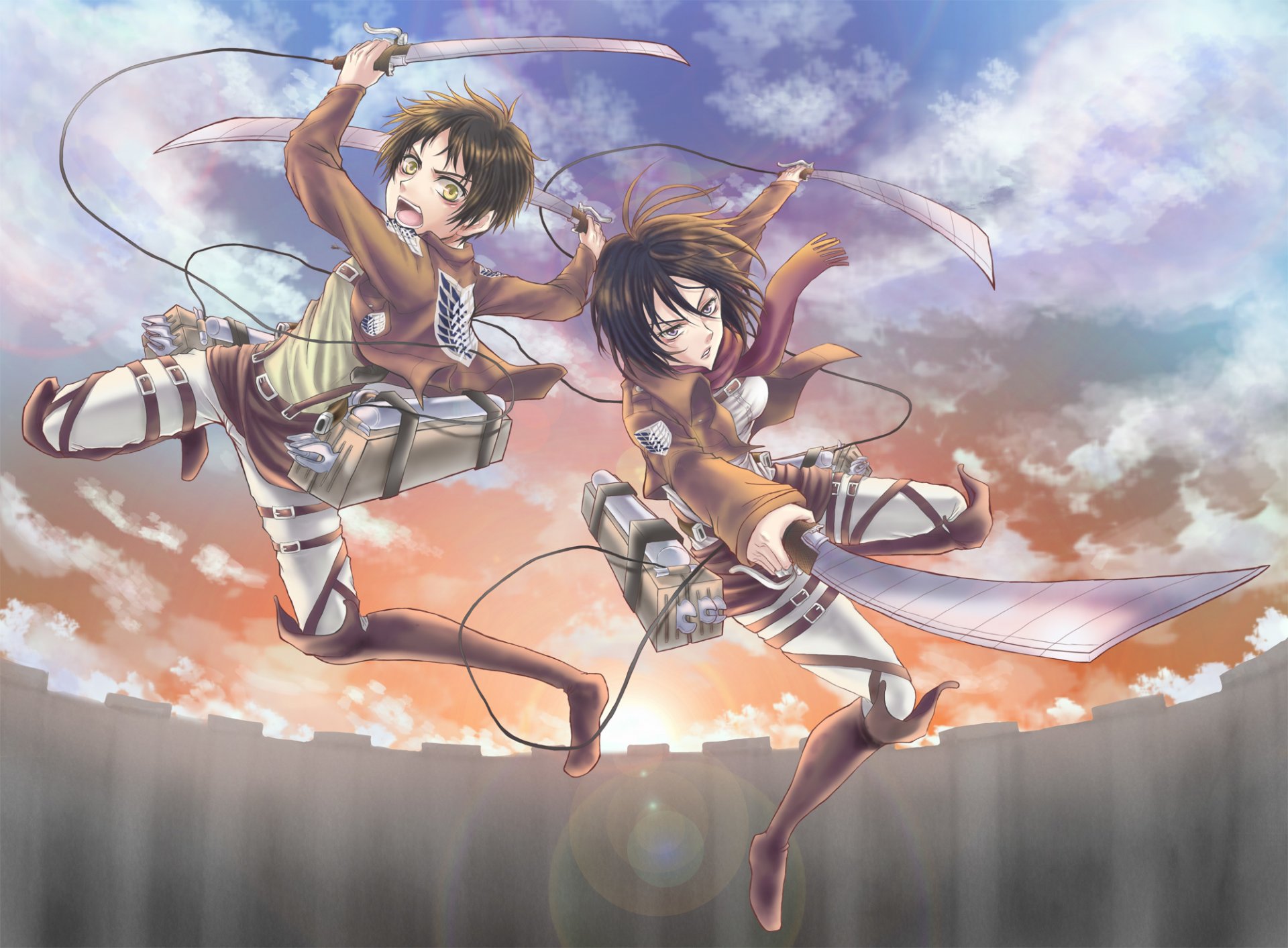 arte chica mikasa ackerman novio eren jaeger vista ira indiferencia vuelo cuchillas soldados pared puesta de sol no shingeki no kyojin