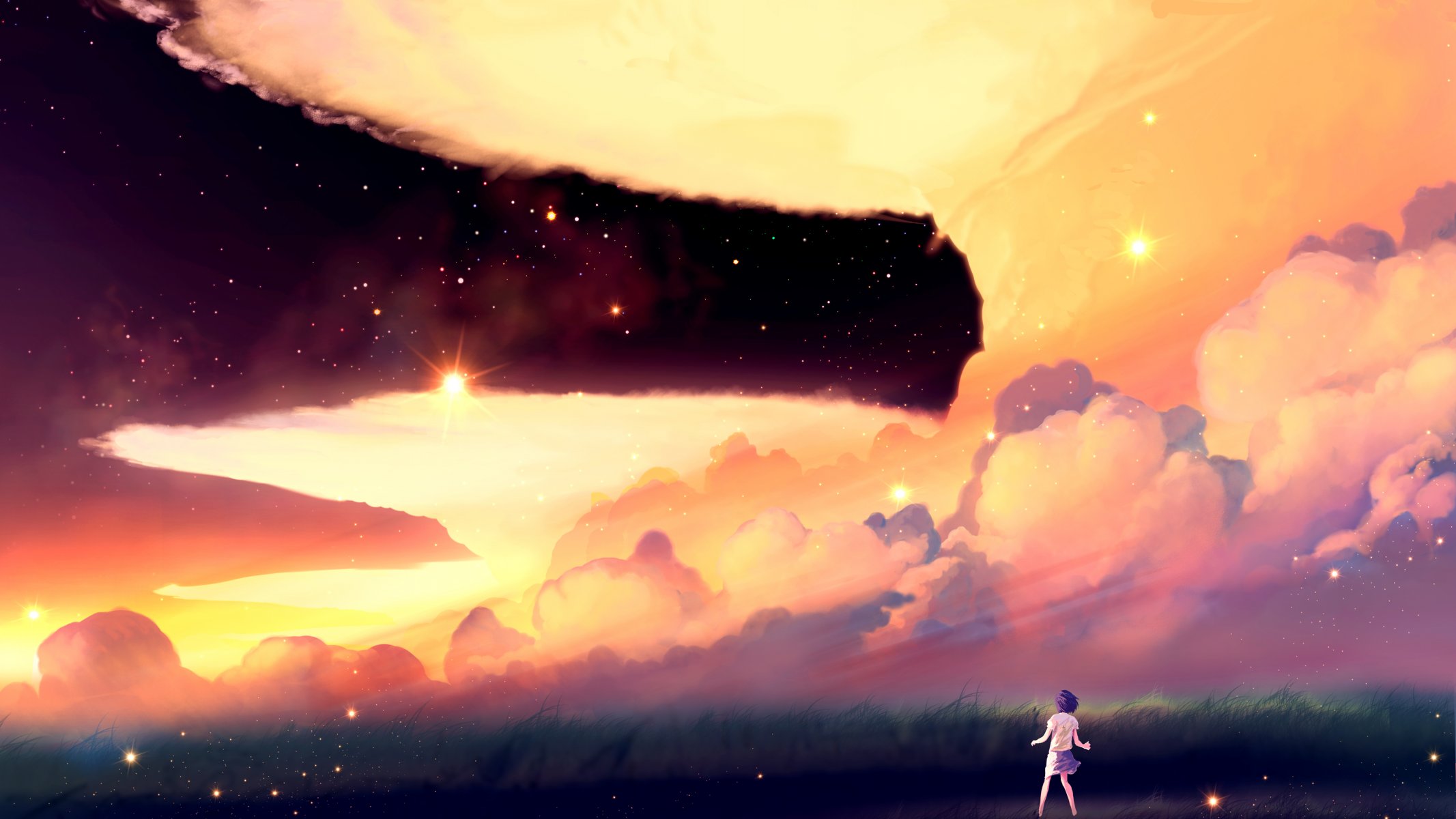 art akio-bako girl nature sunset sky clouds star sun anime