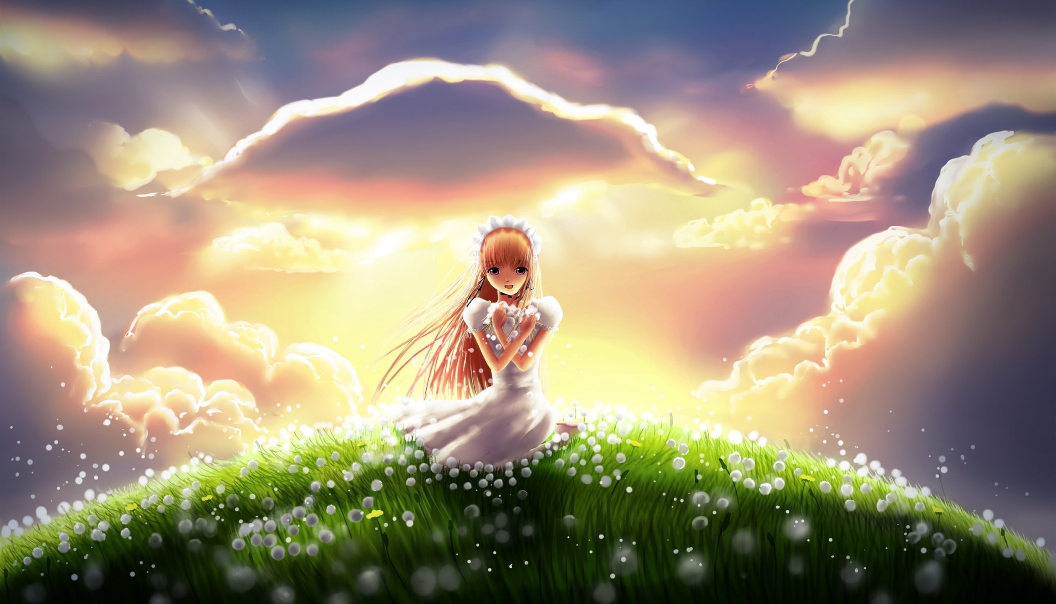 art meadow hill grass girl flower dandelions clouds happine