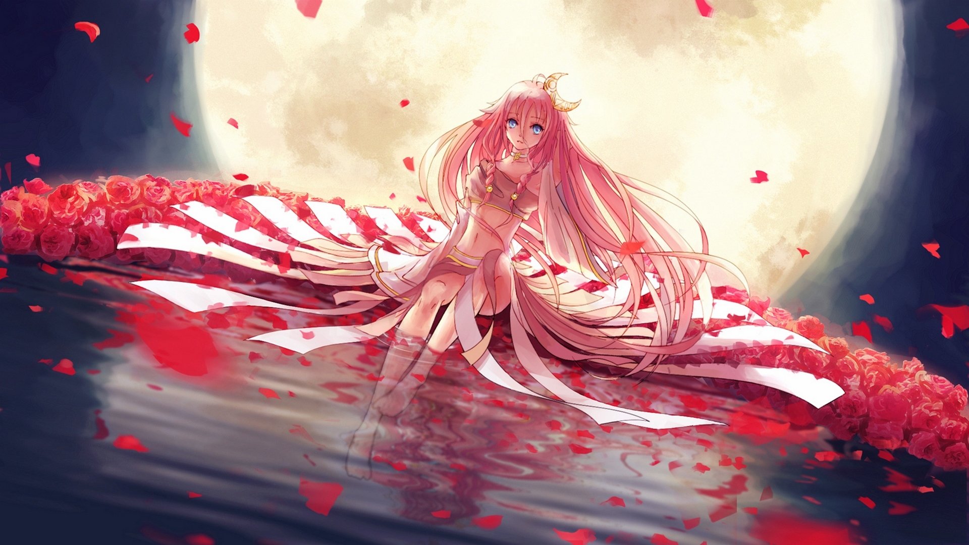 art l-coon vocaloid ia fille lune pétales eau fleurs roses mois réflexion nuit