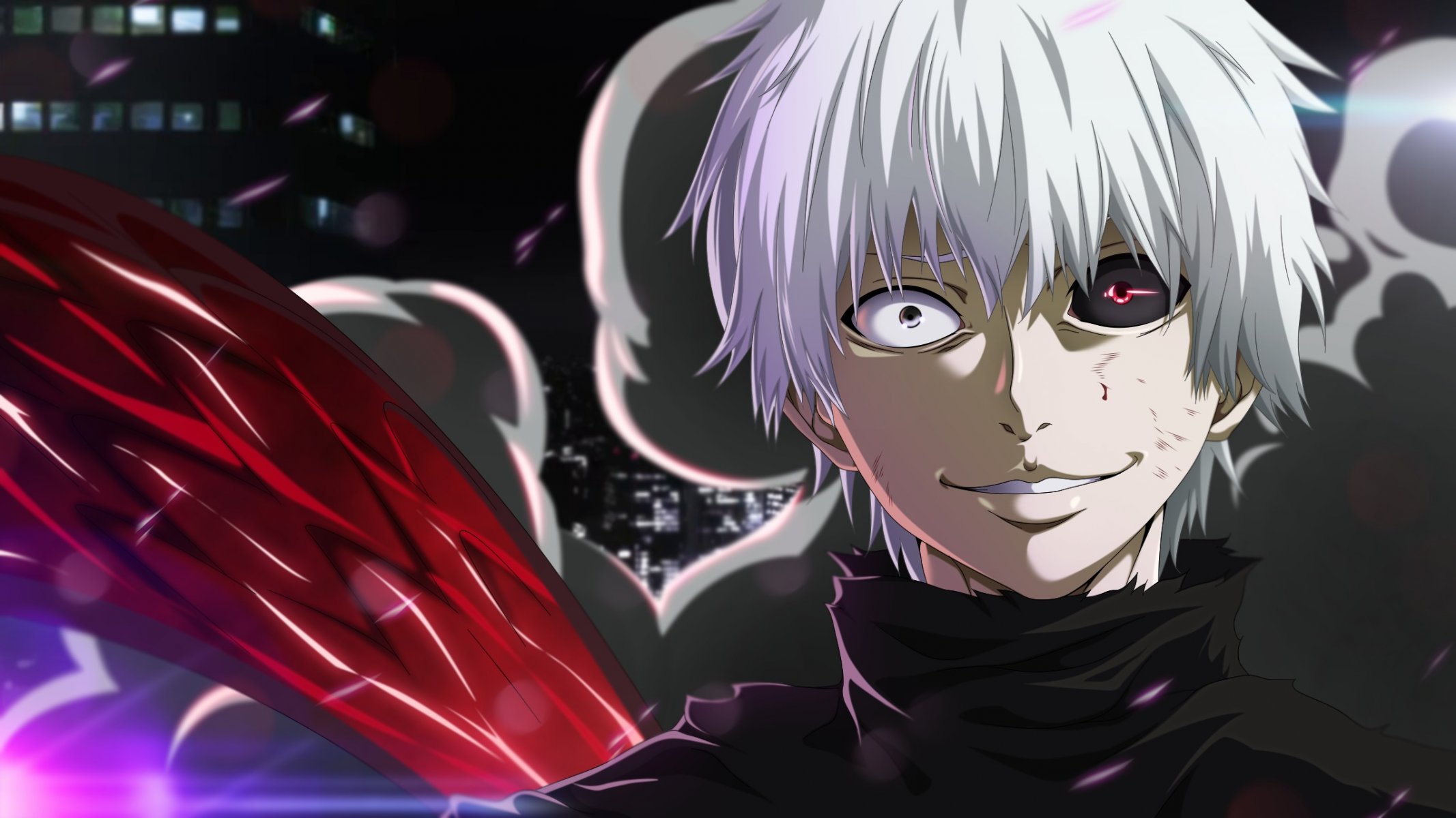 kerl blick gesicht augen weißes haar lächeln ken kaneki tokyo ghoul