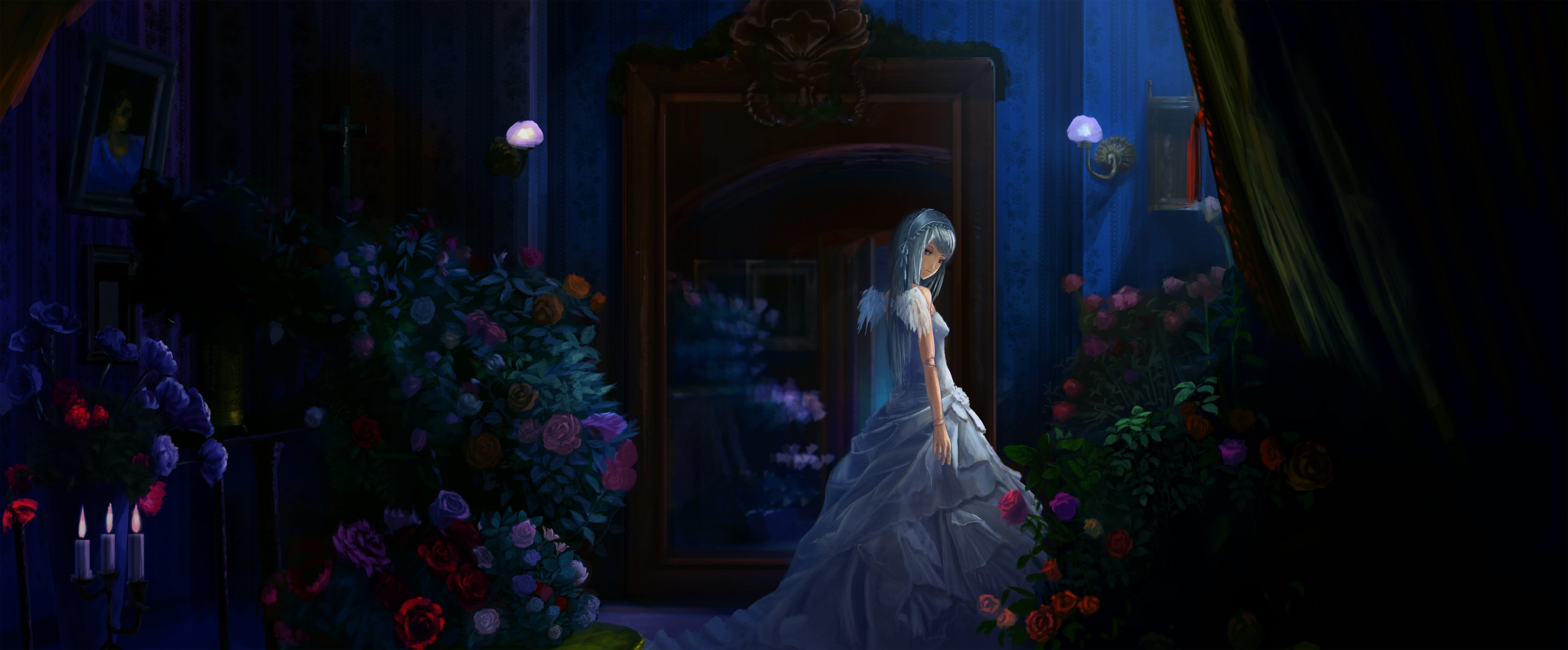 art akibakeisena rozen maiden suigintou fille robe chambre fleurs bouquets ailes nuit buffet bougies