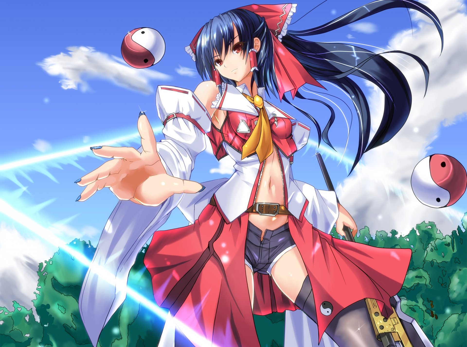 art lune touhou hakurei reimu fille magie arbres ciel nuages épée arme yin yang