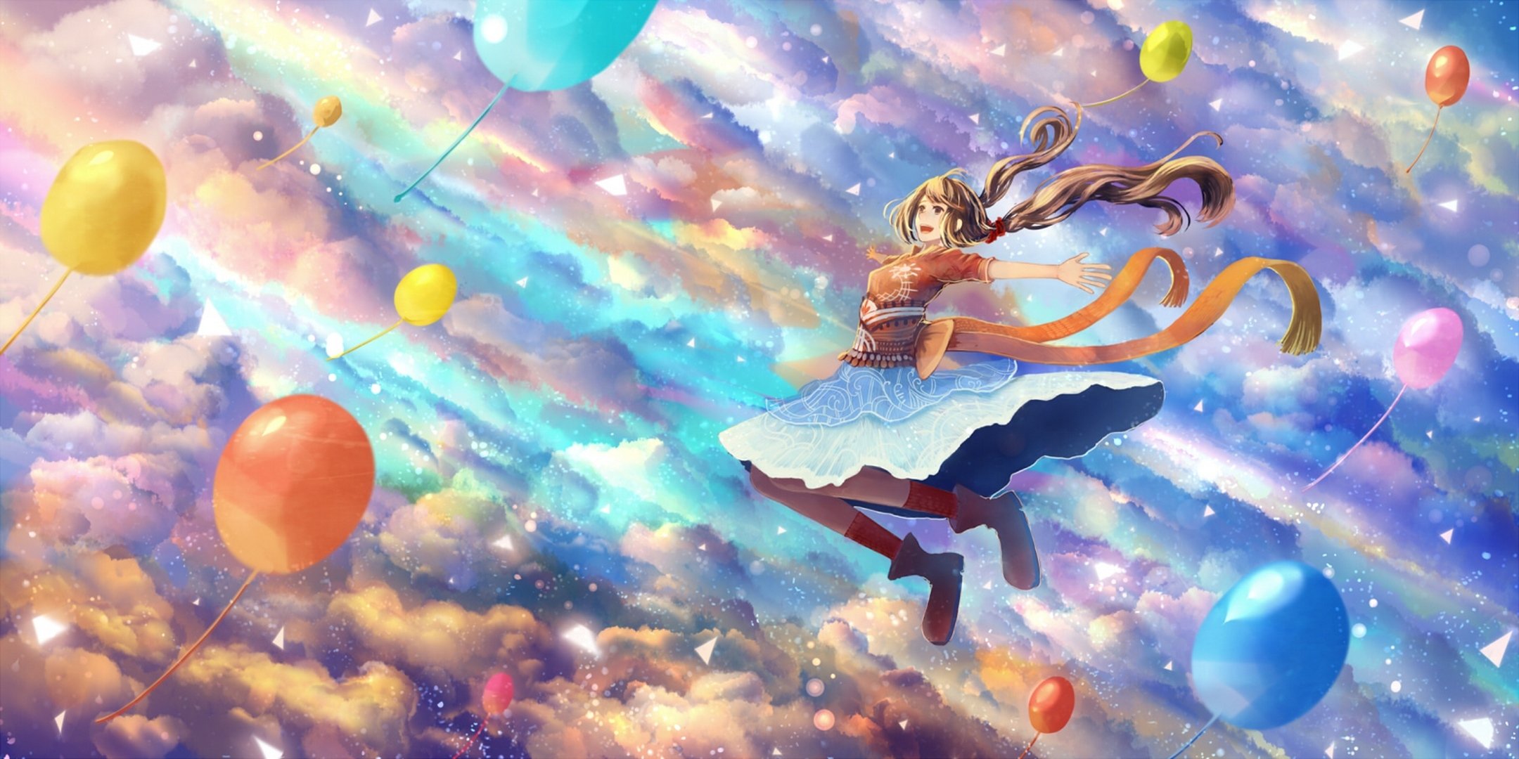 art bounin fille ciel nuages boules joie anime