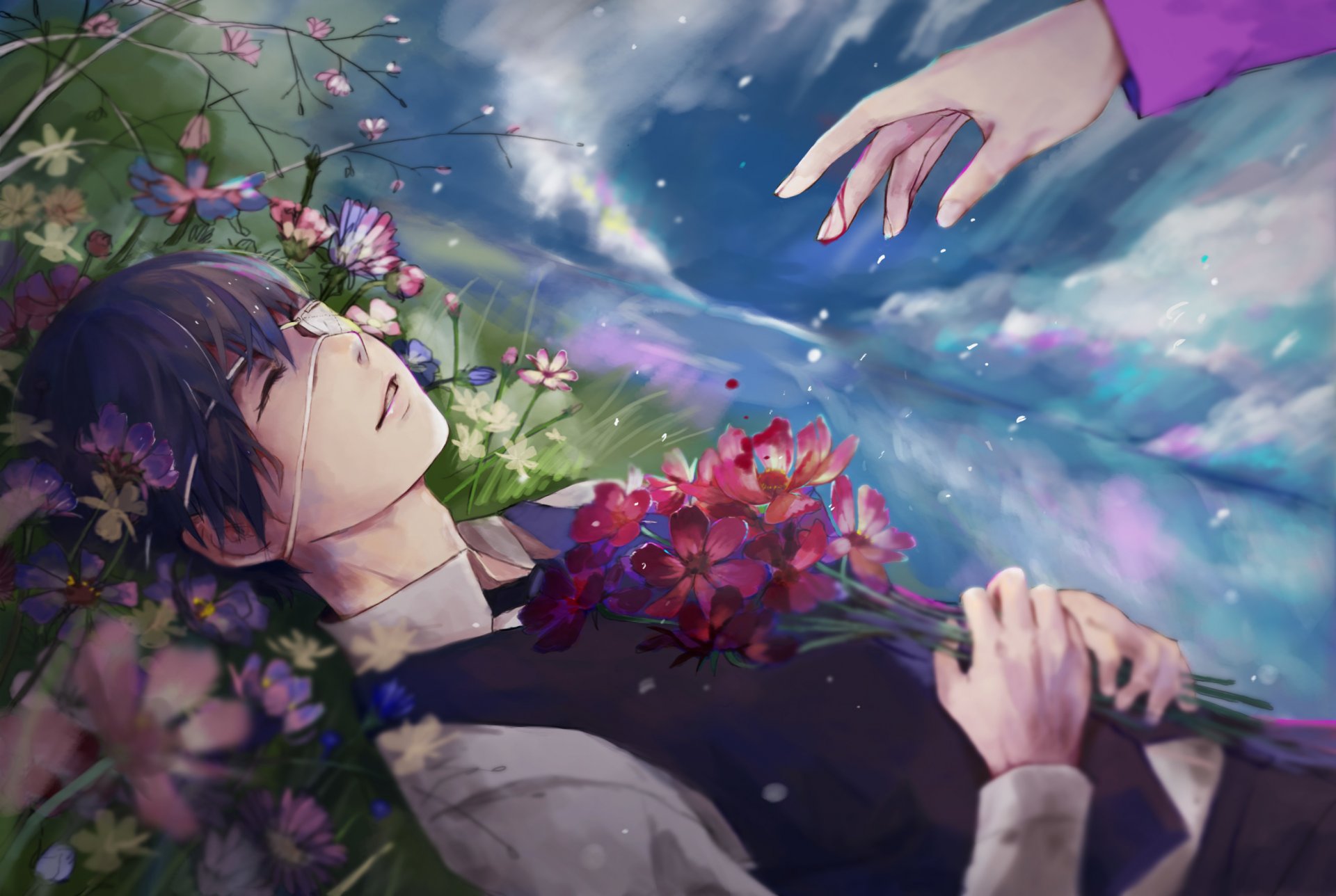 art ringo ruoyuwang anime tokyo ghoul kaneki ken guy rain flower hand bandage smile sky cloud