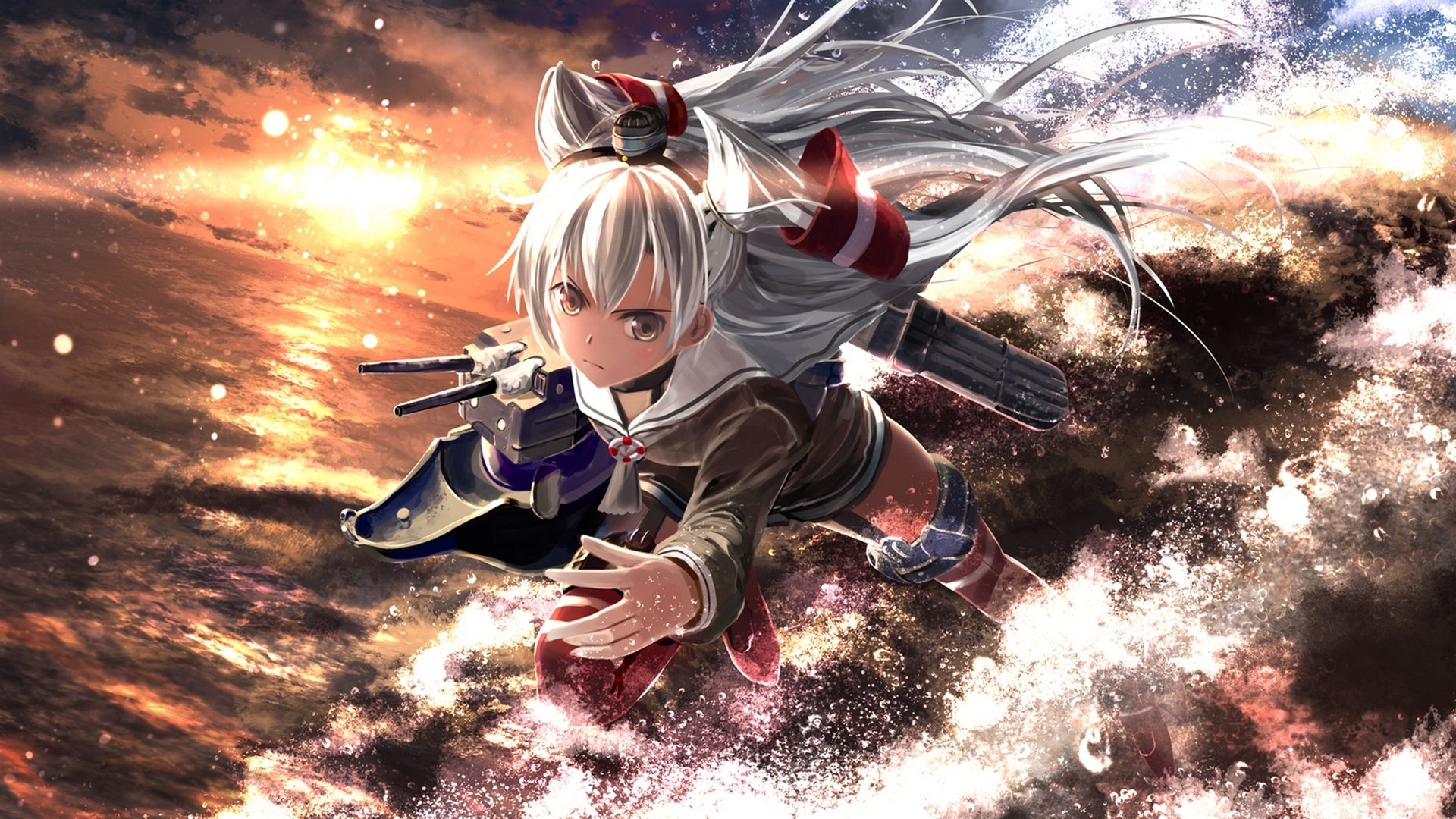 arte koji astral reverie colección kantai amatsukaze rensouhou-kun chica armas océano cielo puesta de sol nubes sol anime