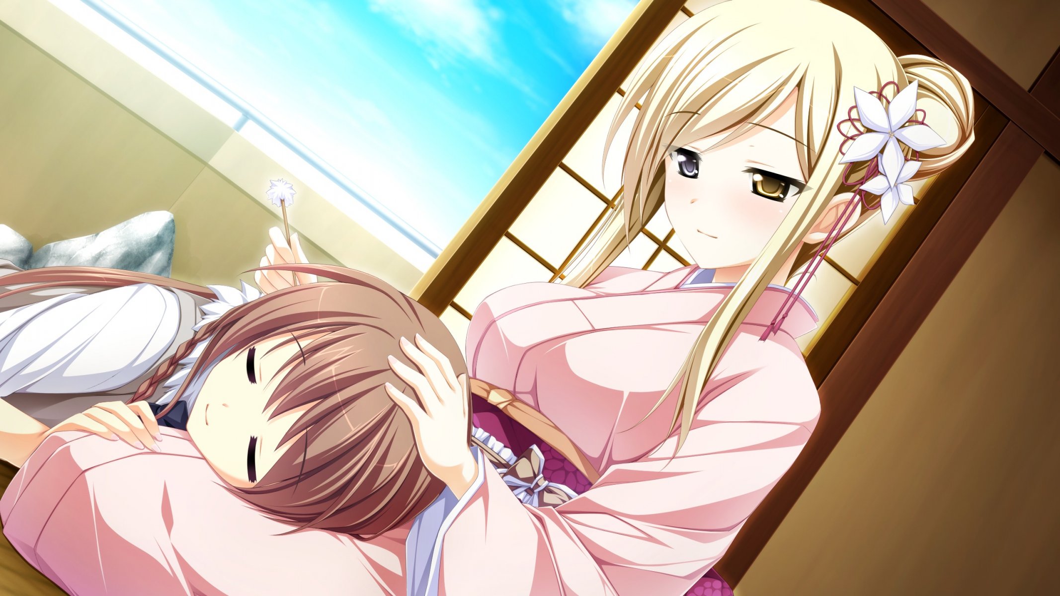 otome ga no tsumugu koi no canvas miyama mizuki shishidou chihar girl girl sleep sleeping kimono